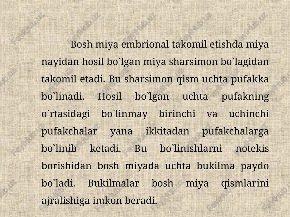 apparatlari orqali qilayotgan ta’sirotlar qabul qilinadi va ular taxlil qiladi va bir – biriga bog`laydi. shu sababli uning tuzulishi xam g`oyat murakkabdir. oldi qavatdan iborat bo`lgan po`stloqning qalinligi miyaning xamma joylarida bir hil emas: ba’zi joylarda qalinroq ba’zi joylarda esa yupqaroq bo`ladi. bosh miya yarim sharlari po‘stlog‘ida oliy nerv markazlarining joylashuvi uzunchoq miya, ko‘prik va o‘rta miya birga miya dastasini hosil qiladi. miya dastasidan 12 juft bosh miya nervlari, shu jumladan ko‘rish, eshitish, hid bilish kabi sezuvchan nervlar va bir juft ko‘z muskullarini harakatlantiruvchi nervlar chiqadi. qolgan 8 jufti esa aralash nervlar hisoblanadi. bosh miya katta yarim sharlari po’stlog’ining harakat zonalaridagi nerv hujayralari to’plami muskullar, paylar, bo’g’imlar, suyaklarning retseptorlaridan impuls qabul qilib, odam tanasining barcha qismlari harakatini boshqaruvchi oliy nerv markazi vazifasini bajaradi. sezish zonalarida joylashgan nerv hujayralari to’plami odam tanasining barcha sezgi organlarining oliy markazi hisoblanadi. bu markazlar teri, ko’rish, eshitish, hid va ta’m bilish kabi sezgi organlari retseptorlaridan …