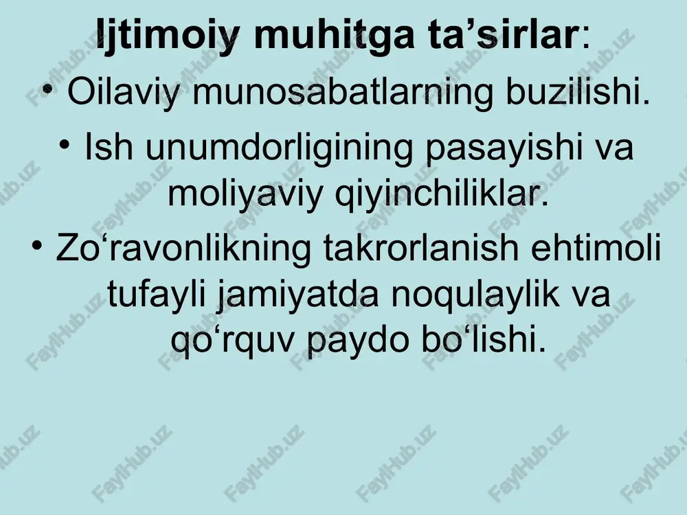 arayonlarning adekvat rivojlanishi va moslashuvchan qobiliyatlari xavf ostida qoladi. u osongina zaif bo'lib qoladi, o'zini hurmat qilish qobiliyati pasayadi. statistika: tadqiqotlar shuni ko‘rsatadiki, dunyoda bolalarning qariyb 36% psixologik zo‘ravonlikka uchraydi. psixologik zo‘ravonlik ko‘pincha yaqin oila a’zolari tomonidan amalga oshiriladi. bolaga nisbatan jismoniy zo'ravonlik jismoniy zo‘ravonlik — bu bola tanasiga zarar yetkazuvchi yoki og‘riq keltiruvchi har qanday xatti-harakat yoki jazodir. bu turdagi zo‘ravonlik bolaning nafaqat jismoniy salomatligiga, balki ruhiy holatiga ham salbiy ta’sir ko‘rsatadi. jismoniy zo'ravonlikni boshdan kechirgan bola, tajovuzkor ota-onaning xatti-harakatlarini kuzatib, tajovuzkor xatti-harakatlar modelini rivojlantiradi. statistika: butunjahon sog‘liqni saqlash tashkiloti ma’lumotlariga ko‘ra, har yili dunyoda millionlab bolalar jismoniy zo‘ravonlikka duch keladi. o‘rta va past daromadli davlatlarda bu muammo ko‘proq uchraydi. jinsiy zo‘ravonlik — bu bolaning jinsiy daxlsizligini buzuvchi har qanday xatti-harakat bo‘lib, bu zo‘ravonlikning har qanday shakli bolaning ruhiy va jismoniy holatiga jiddiy zarar yetkazadi. jinsiy zo‘ravonlik bolaning roziligisiz amalga oshiriladigan har qanday jinsiy mazmundagi harakatlarni o‘z ichiga oladi …