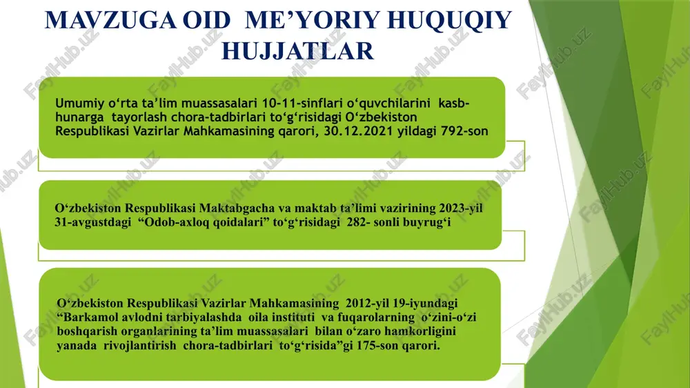 rq ota-onalarni ham maktabga qaytaradi. ta’lim muasasasida muntazam va tizimli ravishda o‘qituvchi-o‘smir, ota-ona-o‘smir, o‘smir-o‘smir munosabatlarini sog‘lomlashtirishga qaratilgan pedagogik va psixologik tadbirlarni tashkil etish ular orasidagi munosabatlarni tiklaydi, empatiya va perseptsiya ya’ni o‘zaro tushunishlarni yaxshilaydi. o‘smir yoshdagi o‘quvchilarda “akseleratsiya” (jadallashuv) jarayoni tezlashtirayotgan mikro va makro omillarni o‘rganish va mazkur jarayonga ilmiy yondashuv o‘smirlardagi ruhiy zo‘riqishlarni kamaytiradi va o‘quv faoliyatiga ijobiy motivini oshiradi. o‘smirlarni kasbga yo‘naltirish kelgusida o‘z o‘rinlarini topishda bir turtki sifatida xizmat qiladi. 8.takliflar ta’lim muassasalaridagi psixologik xizmatni kuchaytirish va psixologlarni o‘quvchi, o‘qituvchi va ota-onalar bilan ishlaydigan grafiklar uchun dars soatlari ajratish. maktabda o‘smir yoshdagi o‘quvchilar bilan ishlash samaradorligiga erishishda maktab psixologi, ma’navi-ma’rifiy ishlar bo‘yicha direktor muovini va profilaktika nozirlari hamda o‘quv ishlari bo‘yicha direktor o‘rinbosari hamkorligini kuchaytirishga e’tibor qaratish maktabda faol o‘quvchi va faol ota-onani ko‘paytirish chora tadborlarini tuzib chiqish chora-tadbir № muammo amalga oshirish mexanizmi mas’ullar muddati natija 1. o‘qituvchi-o‘smir», «ota-ona-o‘smir», «o‘smir-o‘smir» munosabatlarini sog‘lomlashtirishga qaratilgan pedagogik va psixologik …