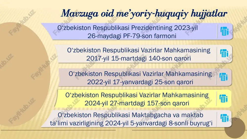 qari mablag‘lar shakllanadi, o‘qituvchiga qo‘shimcha maosh olish va o‘quvchilarni kasb-hunarga o‘rgatish imkoniyati vujudga keladi. 2.tushgan mablag‘lar hisobidan nazariya bilan amaliyotni birga olib borish maqsadida turli kasb-hunarlarga mo‘ljallangan ijodiy uy tashkil qilish direktor, xibdo‘, o‘ibdo‘ 3 yil 5. yetarli bilimga ega bo‘lmaganligi 1.o‘qituvchining kasbiy, huquqiy va mediasavodxonligini rivojlantirish direktor, metodbirlashma rahbari, informatika o‘qituvchisi o‘quv yili davomida o‘qituvchining bilimlaridagi bo‘shliqlar to‘ldiriladi. malakali o‘qituvchilardan tajriba o‘rganadi, o‘zaro dars tahlil qilish, boshqa hududdagi o‘qituvchilar bilan fikr almashish imkoniyati paydo bo‘ladi 4.o‘qituvchini seminarlarda ishtirokini ta’minlash direktor, o‘ibdo‘, metodbirlashma rahbari o‘quv yili davomida 6. maktabda monitoring ishlarini to‘g‘ri tashkil qilinmaganligi 1.metodbirlashma ish faoliyatini takomillashtirish direktor, o‘ibdo‘, metodbirlashma rahbari o‘quv yili davomida o‘qituvchilarga metodik xizmat ko‘rsatish ishlari sifati oshadi e’tiboringiz uchun rahmat! image3.png image4.png image5.png image6.jpeg image7.png image8.png image9.png image10.png image11.png image12.png image13.jpeg image14.jpeg image19.png image23.svg image15.png image15.svg image16.png image17.svg image17.png image19.svg image18.png image21.svg image20.jpeg image21.png image28.svg image22.png image27.png image28.png image23.png image54.svg image24.png image56.svg image25.png image58.svg image26.png …