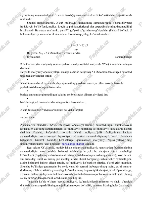 nki bunday ajratmalar pul tushumlaridan qancha ajratilganligi va ularning xyus tegishli hisobvaraqlarida joylashganligiga qarab xyuslarning real moliyaviy resurslari bo’lib hisoblanadi. ishlab chiqarishning rivojlanishi va tovar hamda moliya bozorlarida xyus faoliyatining faollashuvi natijasida uning moliyaviy resurslari tarkibiy tuzilmasida foyda hal qiluvchi o’rinni egallay boshlaydi. foyda xyus o’z mablag’larining asosiy manbai bo’lib, ishlab chiqarish apparatining yangilanishini, sifatning yaxshilanishini, chiqarilayotgan mahsulot assortimentining kengayishini va h.k.larni ta’minlaydi. foyda hisobidan xyusning rezerv fondlari, maxsus maqsadlarga mo’ljallangan fondlar tashkil etiladi. foyda massasi va normasi, uning xarajatlarga nisbati xyusning kreditga layoqatligini va uning qarz mablag’larni jalb qilish imkoniyatini, uzoq va qisqa muddatli kreditlarni olishni aniqlab beradigan muhim indikatorlardir. qarz mablag’larning xyus o’z mablag’lariga nisbati 1/3 va undan katta darajaga etib, uning to’lovga layoqatligiga kreditorilarga ham, hamkorlariga ham shubha tug’dirmasligi mumkin. tijorat xyuslarning moliyaviy resurslari quyidagi manbalardan tashkil topadi: · mahsulot sotishdan tushum hisobidan shakllanadigan moliyaviy resurslar (foyda; amortizatsiya ajratmalari fondi; ish haqi fondi; moddiy xarajatlarni tiklash fon-di); …