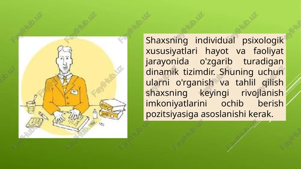 hora tizimi, -badiiy obraz, -tabiat) moyillik va qobiliyatning ustunligi va ikkita sinfga: ijrochi va ijodiy toifaga muvofiqligi aniqlanadi. o'qituvchi shaxsining kasbiy yo'nalishini baholash. metodika o'qituvchining kasbga jalb qilish darajasini aniqlash, kasbiy faoliyatning shaxsga ta'sir qilish mexanizmlarini aniqlash, shaxsning tipik pedagogik deformatsiyalarini aniqlash uchun ishlab chiqilgan. test amerikalik professor j. holland (gollandiya) tomonidan kasb tanlash nazariyasiga asoslanadi. uning fikricha, kasbiy faoliyatdagi muvaffaqiyat to'g'ridan-to'g'ri kasbiy muhit turi va shaxs turi o'rtasidagi muvofiqlikka bog'liq va insonning xatti-harakati nafaqat shaxsiy xususiyatlar, balki uning muhiti bilan ham belgilanadi. shunga ko'ra, odamlar mavjud shaxsiyat turiga eng mos keladigan bunday professional muhitni topishga intilishadi. muallif tomonidan o'ylab topilgan j.hollandning kasbiy imtiyozlar so'rovnomasi sizga eng mosini tanlash uchun moyillik va qobiliyatlarni turli kasblar bilan bog'lash imkonini beradi. image1.png image2.png image3.png image4.png image5.png image6.png image7.png image8.png image9.png image10.png image11.png image12.png image13.png image14.png image15.png /docprops/thumbnail.jpeg