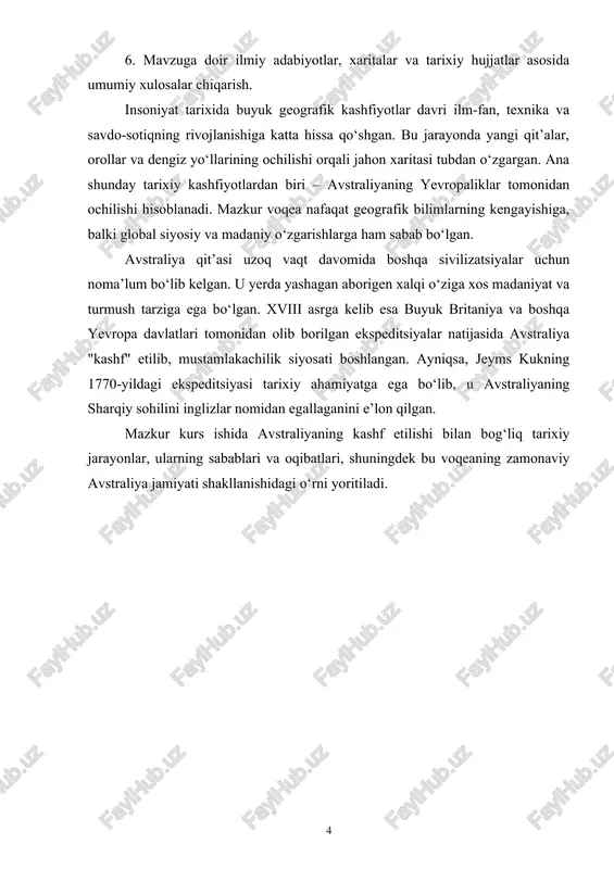 g sabablari va oqibatlari, shuningdek bu voqeaning zamonaviy avstraliya jamiyati shakllanishidagi o‘rni yoritiladi. i-bob. o‘zbekisronning erkin iqtisodiy zonalar tashkil etishning nazariy asoslari. 1.1. qadimgi davrda noma’lum janubiy qit’a haqidagi tasavvurlar. avstraliya shimolidan janubiga 10°4g (york boʻrni) bilan 394 g (janubiy-sharqiy burun) j.k.lar oraligʻida 3200 km ga, gʻarbdan sharqqa 4100 km ga 113°05' shq.u. (stip-poynt boʻrni) bilan 153°34’ (bayron boʻrni) shq.u.lar oraligʻida choʻzilgan. maydoni 7682 ming km² (tasmaniya, kenguru, melvill va boshqa orollar bilan 7704,5 ming km² ga yaqin). avstraliya– materiklar ichida eng kichigi. janubiy tropik chizigʻi avstraliyaning deyarli oʻrtasidan kesib oʻtadi. materikni gʻarb, shimol va janubidan hind okeani, sharqdan tinch okean dengizlari oʻrab turadi. qirgʻoqlari unchalik egribugri emas, shimolida karpentariya, janubida katta avstraliya qoʻltiqlari bor. katta yarim orollari – shimolida arnemlend va keyp-york. tasmaniya oroli avstraliyadan kengligi 224 km li base boʻgʻozi orqali ajralib turadi. avstraliya shimolida yirik orollardan yangi gvineya joylashgan. avstraliyaning sharqiy sohili boʻylab behisob marjon orollaridan tashkil …