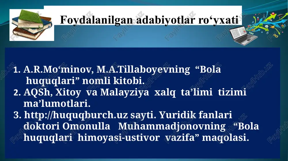 ar bilan davra suhbati o‘tkazish. maktab rahbarlari, mahalla yettiligi bilan hamkorlikda 2024-yil may loyiha amalga oshirilganda aholida, ayniqsa, ota -onalarning bola huquqlari sohasidagi huquqiy savodxonligi oshadi. 2 ta’lim tarbiyaga oid milliyligimizni anglatuvchi milliy kontentlardan muntazam foydalanib borish. 1.maktab o‘quvchilari o‘rtasida davra suhbatlari, “qonun bilimdonlari’ ko‘rik tanlovlarini tashkil etish. mmibdo‘, ijtimoiy fanlar metod birlashmasi va mfy raisi, profilaktika inspektori, milliy gvardiya bilan hamkorlikda o‘quv yilining har choragida o‘quvchilarda o‘zlarining huquq va burchlariga, oid hujjatlar bilan ishlash va u yerdagi o’zlarini manfaatlarini bilish darajasini oshiradi. 3 ta’lim tarbiyada o‘quvchilarga “axloq normalari hamda huquq normalari”ni o‘rgatish orqali jamiyatdagi huquqiy ong va huquqiy madaniyatini yuksaltirishga erishish. 1. “mening konstitutsiyam bilimdoni” , “jaholatga qarshi ma’rifat”. 2. “ burch va qonun ” shiori ostida o‘quvchilar o‘rtasida loyihalar tanlovini o‘tkazish. mmibdo‘, ijtimoiy fanlar o‘qituvchilari. hamkor tashkilotlar 2024-yil may o‘quvchilarda bola huquqlari va erkinliklari, mazmun-mohiyatini tushunishga erishiladi. e’tiboringiz uchun rahmat! image2.png image3.png image4.png image5.jpeg image6.png image7.jpg image8.jpeg image9.png …