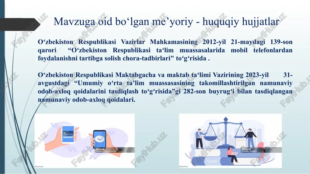 va makon to‘siqlarini olib tashlaydi. xulosa sifatida shuni aytish mumkinki, uyali a’loqa vositalari turli xil yo`nalishlarga nafaqat ta'lim tizimiga joriy etilishi yurtimiz ta'lim tizimini modernizatsiya qilishda muhim rol o'ynaydi. mobil telefonlar zamonaviy ta'limni tashkil etish va ta'lim samaradorligini ortishiga xizmat qiladi. kuzatuvchilar natijalariga ko‘ra, o‘smirlar hayotining muhim tarkibiga aylanayotgan uyali telefonlar zararli bo‘lsa ham undan butunlay voz kechib bo‘lmaydi. balki yoshlarning orasida foydalanish madaniyatini shakllantirish kerak. telefonga bo‘lgan munosabatni shakllantirish kerak. bolalarga foydalanishining vaqtini va to‘g‘ri foydalanish tamoyilini o‘rgatib qo‘ysak bo‘ldi. qachon foydalanish kerak, nima maqsadda foydalanish kerak, mana shularni uqtirishimiz kerak. xulosa takliflar 11 maktabda uyali a’loqa vositalaridan maktab hududida foydalanishni samarali mexanizmini yo’lga qo’yish mutaxassislar suhbati orqali o‘quvchilarda uyali a’loqa vositalaridan maqsadli foydalanish madaniyatini shakllantirish maktablarda mobil a’loqa yordamida turli ilmiy loyihalarni tashkil etish va buni natijasida o’quvchining bilim salohiyatini yanada mustahkamlash o‘quvchi yoshlarda uyali a’loqa vositalaridan foydalanishda ota-onalar hamkorligini oshirish. t/r muammo amalga oshirish mexanizmi mas’ullar muddati …