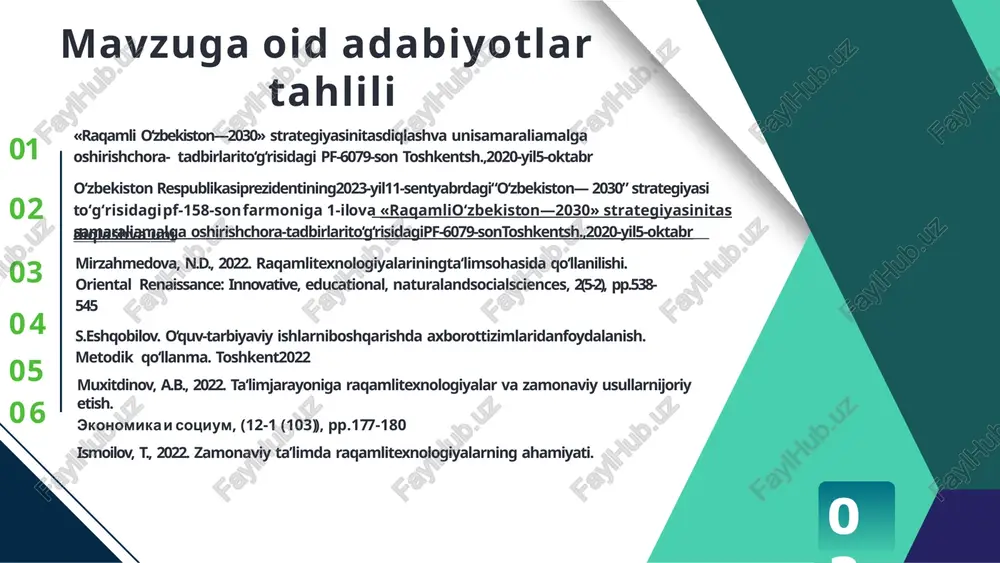ik bo‘yicha malaka oshirish kurslari yetarli emas pedadoglarni akt va medisavodxonlik bo‘yicha malakasini oshirish maqsadida o‘quv- seminarlari tashkil etish. pedagoglar faoliyati davomida foydalaniladigan ta’lim resurslaridan unumli foydalanishni o‘rgatish. pedagoglarni o‘qitish uchun onlayn vebinarlar tashkil etish. pedagoglarni akt savodxonligini oshishi ta’lim sifati samaradorligini o‘sishiga xizmat qiladi. pedagoglar foylanishi uchun onlayn resurslar va platformalar yaratilishi davom etmoqda akt bo‘yicha mutaxassislar bilan hamkorlikda fanlar kesimida onlayn resrslar va pladormalarni yaratish. onlayn resurslar va pladormalardan foydalanish bo‘yicha o‘quv kurslarni tashkil etish barcha yo‘nalishlar bo‘yicha onlayn resurslar va platformalarni yaratilishi ta’lim jarayonini samarali tashkil etish xizmat qiladi. chora-tadbir namunasi 09 e’tiboringiz uchun rahmat image2.jpg image3.png image4.png image5.png image6.png image7.png image8.png image9.png image10.png image11.png image12.png image13.png image14.png image15.png image16.png image17.png image18.jpg image19.png image20.png image21.png image22.png image23.png image24.png image25.png image26.png image27.png image28.png image29.png image30.png image31.png image32.png image33.png image34.png image35.png image36.png image37.png image38.png image39.png image40.png image1.png