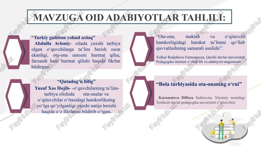 ar va jamiyat a’zolari bilan hamkorlik maktab ta’limida sifat va samaradorlikka erishishning kalitidir ota-onaning farzand tarbiyasidagi huquqiy, ma’naviy- axloqiy, pedagogik, psixologik va tibbiy bilimlarini oshiriladi ota –onalar hamkorligi orqali pedagog xodim hamda o’quvchilarni rag’batlantirib boriladi. oila, mahalla, ta’lim hamkorligini mustahkamlash va barqarorligi ta’minlanadi maktab boshqaruvida ota-onalar kengashining faol ishtirokini ta’minlash orqali sifatli ta’limga erishiladi. fr t/r muammo muammoning amalga oshirish mexanizmi mas’ullar muddati kutilayotgan natija 1 ota-onalar kengashi tomonidan ta’lim muassasalaridagi ta’lim-tarbiya sifatini o‘rganish va ularni yanada takomillashtirishga doir tadbirlarni amalga oshirishdagi faolligini oshirish. maktabda ota-onalar kengashi yig‘ilishini o‘tkazish, yig‘ilish davomida ularga maktab boshqaruvida ota-onalarning o‘rni va vazifalarini tushuntirish. maktab rahbariyati. 2024-2025 o‘quv yilining har chorakda. maktab va ota-ona hamkorligi yo‘lga qo‘yiladi, mas’uliyati oshadi. chora-tadbirlar rejasi fr t/r muammo muammoning amalga oshirish mexanizmi mas’ullar muddati kutilayotgan natija 2 ota-onalar kengashi orqali ota-onalarning dars mashg‘ulotlariga tahlil uchun kunlik kelishlarini yo‘lga qo‘yish. ota-onalarni “farzandimning kelajagi men uchun muhim” loyihasi asosida kunlik kelishlarini …