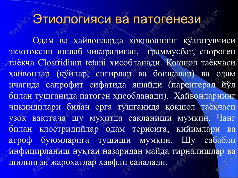 simon ko'rinishda yuqoriga ko'tarilgan bo'ladi. bemorning bu holati opistotonus deyiladi. opistotnusda bemorning ko'rinishi mushaklarning qisqarishlari bemorlarning tezda holdan toyishiga olib keladi. mushaklar qisqarishlarning oralig'ida ham mushaklarning bo'shashishi kuzatilmasdan, balki ularning taranglashuvi ko'zga tashlanadi. boshlanishida mushaklarning qisqarishlari qisqacha, bo'lib bir necha minutgacha davom etadi, lekin vaqt o'tishi bilan bu qasqarishlarning davomiyligi uzayib boraveradi. ba'zan mushaklarning qisqarishlari shu darajada keskin bo'lishi mumkinki bunda mushaklar uzilib, suyaklar sinib, umurtqa suyaklari tanasining kompression sinishigacha borib etadi. agar qisqarishlar nafas mushaklarigacha tarqalsa, bemorning nafasi buzilib asfiksiya ro'y beradi va bemorning o'limiga sabab bo'lishi mumkin. ko'rsatib o'tilgan asoratlardan (asfiksiya, mushaklarning uzilishi, suyaklarning sinishi) tashqari o'pka atelektazi va aspiratsion pnevmoniya, yiringli traxeit va traxeobronxitlar rivojlanishi mumkin. odatda bemorlarning hushi saqlangan bo'lib, tezda tana harorati ko'tarila boshlaydi, taxikardiya kuchayadi. keskin terlash, ichak va siydik tutilishi kuzatiladi. kasallikning yashin tezligidagi turlarida esa kasallikning 1-2 sutkalarida mushaklar qisqarishining cho'qqisida o'lim sodir bo'ladi. ba'zi hollarda qoqsholning kechki turlari retsidiv kuzatiladi. bu …
