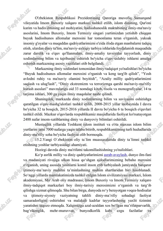 llarini “v1” dasturi bo'yicha o'qitish tizimining joriy qilinishi, “fizika”, “kimyo”, “biologiya” fanlarini o'qitish bo'yicha eng zamonaviy laboratoriya xonalari tashkil etilishini alohida ta'kidlash joiz. bundan tashqari o'rta maxsus islom bilim yurtlarida talabalarning kasb-hunar egallashiga alohida etibor qaratilib, o'g'il bolalar uchun duradgorlik, sartaroshlik, naqqoshlik, kosibchilik, qiz bolalar uchun tikuvchilik, to'quvchilik, pazandalik, oshpazlik to'garaklari faoliyati yaxshi yo'lga qo'yilgan bo'lib, to'garaklar faoliyati uchun zarar bo'lgan asbob-uskunalar bilan jihozlangan. barcha ta'lim muassasalarining axborot resurs markazlari va komp`yuter sinflari zamonaviy komp`yuter va boshqa texnik vositalar bilan ta'minlangan. bugungi kunda diniy ta'lim muassasalarining axborot resurs markazlarida yuz mingdan ziyod diniy va dunyoviy adabiyotlar mavjud. shuningdek, 2007 yilda yurtboshimiz tashabbuslari asosida toshkent islom instituti uchun hazrati imom majmuasida 2 qavatli yangi zamonaviy muhtasham binoning barpo etilishi, qoraqalpog'iston respublikasi nukus shahridagi “muhammad al-beruniy” o'rta maxsus islom bilim yurti to'rt qavatli binoga ko'chirilib, zamonaviy uslubda kapital ta'mirlangani, hukumat qarori bilan namangan shahridagi “hidoya” o'rta maxsus islom bilim yurti joriy yilning …