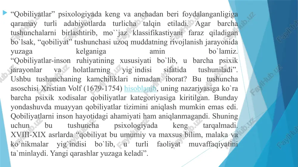 kompleksi yotib, ular shaxsda musiqaviy shakllantirishga xizmat qiladi, deb ko`rsatilib o`tiladi. b.m.teplovning fikricha, musiqiylikning asosiy namoyon qilib turadigan narsa musiqani xis qilish, shuningdek, musiqani emostional xis qila olishlik musiqaviy qobiliyatning asosiy mazmunidir. b.m.teplov musiqaviylikni tizimini ko`rib chiqadi va quyidagilarni kiritadi: musiqani eshitish xususiyati, musiqa ritmi va musiqiy xotira. matematik qobiliyatlar ustida v.a.krutestkiy ishlagan. jumladan u “matematik qobiliyatlar psixologiyasi” monografiyasida matematik qobiliyatlar va ularning tizimini yoritib bergan. u idrok, tafakkur, xotira-hayolning individual xususiyatlarini aniqlab, ularni matematik faoliyatida namoyon bo`lishini (matematik o`zlashtirishda) tadqiq qilgan. matematik materialni o`zlashtirishda idrokning ahamiyatini aniqlagan v.a.krutestkiy qobiliyatli o`quvchilarda o`ziga xos materialni “ichki” analitik-sintetik tahlil qilish, qayta ishlash xususiyati, “joyida” masalani tizimini idrok etib, uni asosiy munosabatlarini ochadilar, deb hisoblaydi. matematikaga alohida iste`dodi bo`lgan o`quvchilar o`ziga xos “matematik aql” bilan xarakterlanadilar-ular borliqning mantiqiy va matematik mazmunini topa oladilar, ulardagi mantiqiy va matematik kategoriyani aniqlaydilar, ko`pincha xodisalarni matematik munosabatlar nuqtai-nazariyasi orqali qabul qiladilar. tasviriy san`atga xos qobiliyatlari psixologiyasi kitobida …