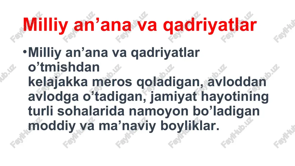 va termizda ular xotirasiga barpo etilgan yodgorlik majmuasi jamiyat ma’naviyatini yuksaltirishga, milliy ong va milliy g‘ururni ko‘tarishga xizmat qilmoqda. toshkentda mustamlakachilik davri qurbonlari xotirasini abadiylashtirish maqsadida 2000 yil 12-mayda «shahidlar xotirasi» yodgorlik majmui, 2002 yil 27-avgustda qatag‘on qurbonlari xotirasi» muzeyi, fashizmga qarshi janglarda jon fido etgan xalqimizning farzandlari xotirasini abadiylashtirish maqsadida 1999 yil 9-mayda «xotira maydoni» majmuasi barpo etildi. respublikada 16 ta diniy konfessiya ro‘yxatga olingan va rasman faoliyat ko‘rstamoqda. 1999-yilda toshkentda islom universiteti ochildi. o‘zbekiston hududida xalqning ulug‘vor va shonli tarixiga oid 2000 dan ortiq yodgorliklar ta’mirlandi. tarixiy yodgorliklar - xalqlar hayotidagi muhim tarixiy voqealar, jamiyat va davlat taraqqiyoti hamda tarixiy shaxslar, shuningdek, fan, texnika, madaniyat va xalqlarning maishiy turmushi taraqqiyoti bilan bog‘liq binolar, inshootlar, tarixiy joylar va buyumlar tarixiy yodgorliklar istiqlol yillarida buxoro, samarqand, termiz, xiva, toshkent, qo‘qon, shahrisabz kabi shaharlarda ulug‘ ajdodlarimizning yuksak iste'dodi bilan bunyod etilgan obidalar o‘zining haqiqiy qadr-qimmatini topdi, ularni ta'mirlash va asl qiyofasini …