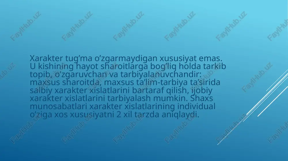 xolatda ushbu tipdagi odamlar vijdonli, puxta, xayvonlar va yosh bolalarni yaxshi ko‘radilar. lekin emotsional qo‘zg‘alishda ta’sirchan, jizzaki bo‘lib, o‘z xarakatlarini yaxshi nazorat qila olmaydilar. 15 5. suqiluvchi tip – ularga o‘rtacha muloqotchanlik, mijg‘ovlik, nasihatgo‘ylikka moyillik, kamgaplik xosdir. nizolarda bunday odam, odatda, tashabbuskor, faol tomon sifatida namoyon bo‘ladi. u qo‘l urgan har bir ishida yuqori ko‘rsatkichlarga erishishga intiladi, o‘ziga o‘ta talabchan, ijtimoiy adolatga alohida sezgir, shu bilan birga, jizzaki, salga ranjiydigan, shubhalanuvchi, qasoskor; ba’zida o‘ta o‘ziga ishongan, izzattalab, rashkchi, yaqinlari va ishdagi qo‘l ostidagilarga nisbatan o‘ta talabchan. 16 6. rasmiyatchi tip – bunday tipdagi odam nizolarga bormaydi, sust tarafni egallaydi. xizmatda rasmiyatchi, atrofdagilarga ko‘plab rasmiy talablar qo‘yadi. shu bilan birga, u bajonudil liderlikda boshqalarga yon beradi. ba’zan u yaqinlarining ozodagarchiligiga katta talab qo‘yadi. uning ijobiy qirralari: vijdoniylik, puxtalik, jiddiylik, ishdagi ishonchlilik, yoqimsiz va nizolarni keltirib chiqaradigan qirralari esa – rasmiyatchilik, mijg‘ovlik, hadeb noliyverish hisoblanadi. 17 7. xavotirli tip – bunday tipdagi …