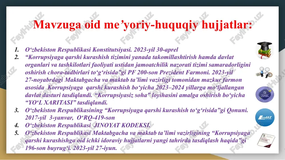 a-onalar va jamoatchilik tomonidan tizimda aniqlangan korrupsion holatlarning aniq faktlarini o‘z vaqtida taqdim etishlari mazkur illatga qarshi kurashishda samarali harakatdir. takliflar “biz korrupsiyaga yo‘q deymiz” ko‘ngillilar klubini tashkil etish orqali boshqaruv, o‘quv-tarbiya jarayoni mavjud korrupsion holatlarni aniqlash, uni bartaraf etish va oldini olish choralarini ko‘rish maktabda barcha boshqaruv va moliyaviy jarayonlarni ochiq qilish uchun maxsus platforma yoki veb-sayt yaratish. bu yerda barcha byudjet ma’lumotlari, xarajatlar va moliyaviy hisobotlar muntazam ravishda e’lon qilinishi kerak bolalarga ilk maktab yoshidayoq turli xildagi animatsion multfilmlar namoyishi, rasmlar tanlovi va o‘yinlar orqali, yuqori sinf o‘quvchilariga “biz korrupsiyaga qarshimiz” loyihasi orqali hayotiy ko‘nikmalarni shaklllantirish halollik va shaffoflikni ta’minlagan o‘qituvchilar va ma’murlarni rag‘batlantirish tizimini joriy qilish. ular uchun maxsus mukofotlar va imtiyozlar yaratish chora-tadbir № muammo amalga oshirish mexanizmi mas’ullar muddati natija 1 maktabda oshkoralik, adolatlilik, beg‘arazlik tizimini o‘rnatish 1. ishonch qutisini tashkillashtirish 2. maktabdagi korrupsion holatlar bo‘yicha ota-onalar, o‘quvchilardan anonim so‘rovnomalar olish 3. o‘qituvchining maktab rahbariga …