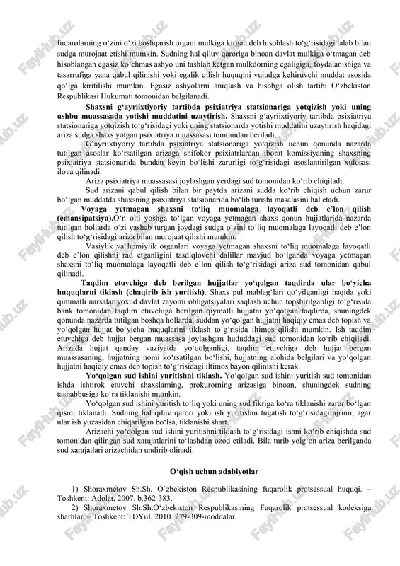 i sud ishlarini yuritishning boshqa turlaridan farqi alohida tartibda ko‘riladigan ishlarni da’vo tartibida ko‘riladigan ishlardan farqli jihatlari murojaat qiluvchi shaxslar nomlanishi, alohida tartibda ko‘riladigan ishlarda huquq to‘g‘risida nizo mavjud bo‘lmaydi, da’vo tartibida ko‘riladigan ishlarda huquq to‘g‘risida nizo bo‘lishi, sudlovliligi, prokuror ishtiroki, hal qiluv qarorini bekor qilish tartibi, hal qiluv qarori ijrosi bilan farq qiladi. yuridik ahamiyatga ega bo‘lgan faktlarni belgilash to‘g‘risidagi ishlar. yuridik ahamiyatga ega bo‘lgan faktlarni sud tartibida belgilashning o‘zi bir necha turlarga bo‘linadi. fuqarolik protsessual qonunchiligida fuqapolap yoki tashkilotlapning shaxsiy, mulkiy huquqlapi vujudga kelishi, o‘zgapishi yoki tugashiga sabab bo‘ladigan faktlapni sud tartibida belgilash ko‘rsatilgan. sil kasalligining yuqumli shakliga chalingan shaxsni sil kasalligiga qarshi kurash muassasasining ixtisoslashtirilgan bo‘limiga g‘ayriixtiyoriy tartibda yotqizish to‘g‘risidagi ishlar. sil kasalligining yuqumli shakliga chalingan shaxsni sil kasalligiga qarshi kurash muassasasining ixtisoslashtirilgan bo‘limiga g‘ayriixtiyoriy tartibda yotqizish to‘g‘risidagi yoki uning ushbu muassasada yotishi muddatini uzaytirish haqidagi ariza sudga mazkur shaxs dispanser hisobida turgan yoxud davolanayotgan yoki uning …