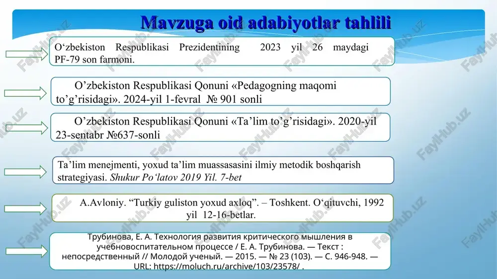 chorak yakunida maktabda malakasini oshirish tizimini joriy qilish. maktabdagi salohiyatli, tajribali, oliy va birinchi toifali xodimlarni saralab olish, barcha kerakli shart-sharoitlarni yaratish hamda o‘quv kurslarini tashkil qilish. maktab direktori, o‘ibdo‘ amaliyotchi psixolog. har chorak yakunida pedagoglarda yangi bilimlar shakillanadi, o‘zini kasbiy rivojlanishi samaradorligi va ta’lim sifatini oshishiga xizmat qiladi. 2 yosh mutaxassislarga kasbiy malaka oshirish kursi bilan birgalikda vatanparvarlik, milliyligimiz hamda qadriyatlarimizni aks ettiruvchi seminarlar, sayohatlar tashkil etish. yosh mutaxassislarga kasbiy malaka kursi oshirishda, o‘zbekiston hududlaridagi tarixiy va madaniy obidalarni o‘rganish hamda sayohatlar qilishni doimiy tashkil etib borish. direktor, mmibdo‘, kasaba uyushmasi raisi. yil davomida yosh mutaxassislar malaka kursini o‘rganish jarayonida o‘zligini, milliylikni, anglashlari o‘zidagi vatanparvarlik tuyg‘ularini yanada shakillantirishi hamda ma’naviy qadriyatlarni qadrlash bo‘yicha bilim, ko‘nikma va malakaga ega bo‘lishadi. * mavzu yuzasidan chora-tadbirlar rejasi № muammo amalga oshirish mexanizmi mas‘ullar muddati kutilayotgan natija 3 yosh mutaxassislarni maktabda “ustoz shogird” ananasiga ko‘ra ularni maktab hayotiga tayyorlash. yosh mutaxassislarni ish samaradorligini …