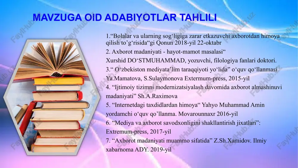 infda 1-soat ma‘lumot xavfsizligi, 9-sinfda 2-soat axborot xavfsizligi, 11-sinfda axborot xavfsizligimavzuga oid 4-soat ajratilgan aqsh ta’lim muassasalarida mediata’lim maktab fanlari tarkibiga integratsiya qilingan. mediata’lim standartlari barcha uchun zarur deb tan olingan va bu dastur aqsh ta’lim departamenti darajasida tasdiqlangan. umumta’lim maktablarida o‘quv rejasiga barcha fanlar kesimida “axborot madanyati“ bo‘limini joriy etish (o‘quv rejani 15%ga o‘zgartirish) 2024-yil sentabrdan boshlab mamalakatimiz maktablarida informatika darslari boshlang‘ich sinfdan o‘tish yolga qo‘yildi finlyandiyada 2011 yilda olib borilgan milliy tadqiqot shuni ko‘rsatdiki, mediani sinf mashgulotlari davomida va o‘quv faoliyatining boshqa ko‘rinishida o‘rgangan o‘quvchilar, bunday tajribaga ega bo‘lmagan o‘quvchilarga nisbatan, media yordamida amalga oshiriladigan kommunikasiyalarga, ijobiy munosabatda bo‘lishadi. informatika fanidan boshlang‘ich sinflardan boshlab axborot madaniyati tushunchasini singdirib borish qiyosiy tahlil: xulosa xulosa sifatida shuni aytish mumkinki, 1. pedagoglar, o‘quvchilar va ularning ota-onalarini zararli, keraksiz axborotlardan holi bo‘lishlarini tizimli ta’minlash uchun ularning axborot immunitetini kuchaytirishni yo‘lga qo‘yish; 2. notinch oila farzandlari, diniy aqidalarga berilgan, jinoyatchilikka moilligi bor, hayotdan …