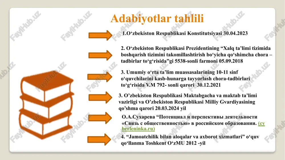 maktabning rivojlanishiga o‘quvchilarning shaxsiy va kasbiy rivojlanishiga, ta’lim jarayonining sifatini oshirishga yordam beradi. . takliflar 1. turli davlat va nodavlat tashkilotlar bilan hamkorlik shartnomalari va kelishuvlar imzolash. 2. maktabda o‘tkaziladigan tadbirlarga ularni doimiy taklif qilish. 3. o‘tkaziladigan tadbirlarda hamkor tashkilotlarni ma’nan rag‘batlantirib borish. 4. maktabda jamoatchilik bilan aloqalar (pr) xodimi faoliyatini yo‘lga qoyish 11 chora -tadbir № muammo amalga oshirish mexanizmi mas’ul muddati natija 1 maktablarda turli davlat va nodavlat tashkilotlar bilan kelishuv va shartnomalarning imzolanmaganligi hamkorlikning huquqiy asosini yaratish uchun turli kelishuv shartnomalari va memorandumlar imzolash kerak maktab direktori noyabr yanvar amalga oshiriladigan hamkorlikning huquqiy asosi yaratiladi 2 hamkorlikdagi faoliyatni yoritib borish sust amalga oshirilayotganligi maktabda pr xodimini tayinlash kerak va amaliy ishlarni doim yoritib borish kerak ma’naviy-ma’rifiy ishlar bo‘yicha direktor o‘rinbosari yil davomida kim bilan qaysi sohada faoliyat olib borayotganimiz ommaga ma’lum bo‘ladi 3 hamkorlarni rag‘batlantirib borish sistemasining sustligi o‘tkaziladigan tadbirlarga hamkor tashkilotlarni taklif qilish lozim ma’naviy-ma’rifiy ishlar …
