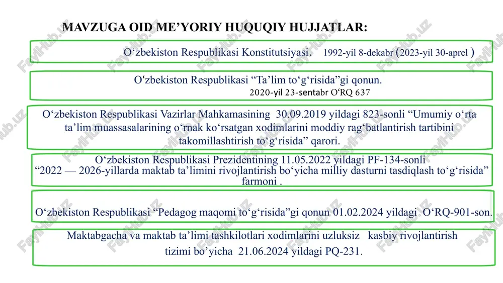 ib bugungi kunda pedagogika yo‘nalishlarida tahsil olayotgan sobiq o‘quvchilar bilan shartnoma qilish, kadrlar qo‘nimsizligini oldini olishga xizmat qiladi. 2 o‘qituvchilarni huquqiy himoyq qilingan va ularga shart- sharoit yaratib berilgan. xitoyning eng yirik provinsiyalaridan birida shanxayda oʻqituvchilik kasbi martaba zinapoyasida kuchli vosita boʻlib xizmat qiladi, bu orqali o'qituvchilik maqomini oshirishadi. maktablarda ko‘proq ish stajiga ega bo‘lgan pedagok kadrlarni tanlov asosida yuqori davlat boshqaruv lavozimlariga ishlash uchun va davlat mukofotlariga nomzodlarini berish tajribasini yo‘lga qo’yish, bu orqali ishga bo‘lgan munosabati o‘zgarish 3 o‘qituvchilarning maoshi hukumat tomonidan bosqichma bosqich oshirib borilmoqda. pedagoglar toifalarga asosan tabaqalashtirilgan maoshga ega bo‘lishadi hamda qo‘shimcha rag‘batlantirish tizimlari mavjud. aqshning ko‘pgina shtatlarida o‘qituvchilarga maxsus grantlar va stipendiyalar beriladi. ijtimoiy kafolatlar va bonuslar mavjud. qo‘shimcha imtiyozlar joriy qilinsa, xodimning ishiga bo‘lgan munosabati va sadoqati oshadi. masalan: sog‘liqni saqlash, davolanish, soliq va uy-joy komunallarda imtiyozlar berish. 4 oʻqituvchilarning ish haqi: dars soati, malaka toifasi, qo‘lga kiritgan sertifikatlari asosida amalga oshiriladi. kareya, …