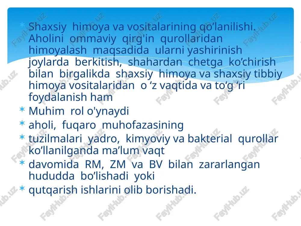 ylarda harakat qilish kerak bo‘lgan vaqtda yoki himoya vositalaridan (yashirinish joylari, jangovar texnika va boshqalar) foydalanilganda ularni himoya qilish xususiyati o‘tib kiruvchi nurlanishdan himoya qila olmasligiga shubha qilingach shu joyga kirishdan oldin (30-40 daqiqa oldin) 6 ta tabletkasi birdaniga ichiladi, nurlanish davom etayotganda 4-5 soat o‘tgach yana 6 tabletka ichiladi. dietilstilbestrol (dbs) preparati shu zararlanish joyiga kirishdan oldin (1-2 sutka oldin) 1 tabletkadan (25 mg) ichiladi, preparat o‘z ta‘sirini organizmda 10 kun mobaynida saqlashi mumkin. agar shu vaqt ichida tsistamin preparati qo‘shimcha qilib ichilsa, unda dbs ning ta‘siri yanada kuchayadi. 5- aptechkaning 5-uyasiga dushman tomonidan qo‘llangan bakterial vositalarga qarshi ikkita oq rangli penalga solingan xlortetratsiklin 10 ta 100000 li) tabletkasi joylanadi. yarador bo‘lgan vaqtda, ko‘yish vaqtida yoki infeksiyaning oldini olish uchun preparat 5 tabletkadan ichiladi, zarurat bo‘lsa, preparatning kolgani 6-8 soat o‘tganidan so‘ng qabul qilinadi. 6- aptechkaning 6-uyasida o‘tib kiruvchi nurlanishdan himoya vosita №2- kaliy yodid 0,25g 10 tabletka oq …