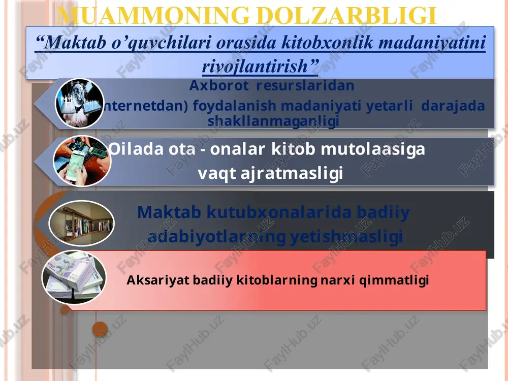 l qila olishini, fikrlashini, dunyo qarashini kengaytirishimiz, ilmga bo‘lgan qiziqishlarini oshirishimiz, ta’lim-tarbiyasini na’muna darajasiga olib chiqishimiz judayam qiyin kechadi . shuning uchun o‘quvchilar orasida kitobxonlik madaniyatini rivojlantirishimizdan oldin eng avvalo oilada kitobxonlik madaniyatini shakllantirishimiz zarur. sabab ota-bobolarimizdan qolgan bir naql bor “ qush inida ko’rganini qiladi”.shuning uchun eng avvalo oilada kitobxonlik madaniyatini rivojlantirmas ekanmiz oldimizga qo‘ygan maqsadimizga erishishimiz judayam qiyin bo’ladi. takliflalar 1. maktabda har bir sinfni kitob javonini yaratish. bu o‘quvchilarning yoshlaridan kelib chiqib kitoblar bilan ta‘minlash jarayonini osonlashtiradi. 2. kitobxonlik kechalarini uyushtirish va o‘quvchi yoshlarni o’zlari yoqtirgan kitob mualliflari bilan uchrashuvlar tashkil etib borish. 3.o‘quvchilarni bo‘sh vaqtlarida har doim qo’llarida kitob bo’lishini targ‘ib qilish va buni eng avvalo pedagog xodimlarda amalga oshirish zarur. 4.kitobxonlikka da’vat etuvchi turli shiorlarni ko‘rinarli joylarga ilish. sovrinli kitobxonlik tanlovlari va kechalarni o‘tkazib borish jarayonlarini maktablarda ham joriy etish. chora - tadbir muammo muammoning yechimini amalga oshirish mexanizmi mas’ullar muddati natija 1 ta’lim muassasalarida …