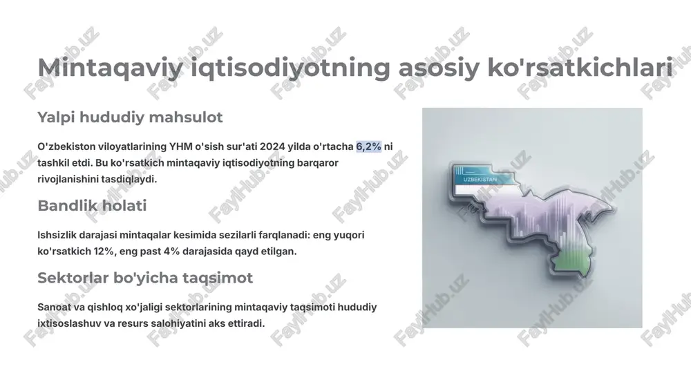 uhitini yaxshilash kichik va o'rta biznesni qo'llab-quvvatlash, raqobat to'siqlarini bartaraf etish va tadbirkorlik muhitini soddalashtirish investitsiyalar jalb qilish chet el va mahalliy investitsiyalarni jalb qilish uchun soddalashtirilgan tartiblar, imtiyozlar va qulay soliq siyosati joriy etish mintaqaviy iqtisodiy diagnostika natijalaridan foydalanish barqaror o'sish uzoq muddatli iqtisodiy o'sish va ijtimoiy farovonlikni ta'minlash orqali mintaqalar rivojlanishini tezlashtirish tengsizlikni kamaytirish mintaqalar o'rtasidagi iqtisodiy va ijtimoiy farqlarni qisqartirish, har bir hududning o'ziga xos imkoniyatlarini ochish "mintaqaviy iqtisodiy diagnostika natijalariga asoslanib ishlab chiqilgan strategiyalar o'zbekistonning barqaror rivojlanishi va global iqtisodiyotga samarali integratsiyalashuvining asosini tashkil etadi." e'tiboringiz uchun rahmat image1.png image2.png image3.png image4.png image5.png image6.png image7.png image8.png image9.png image10.png image11.png image12.png image13.png image14.png image15.png image16.png image17.png image18.png image19.png image20.png image21.png image22.png image23.png image24.png image25.png image26.png image27.png image28.png image29.png image30.png image31.png image32.png image33.png image34.png image35.png