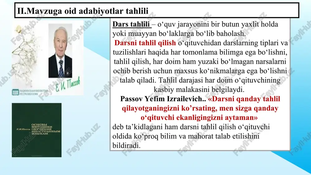 . yangi materialning o‘zlashtirilganlik darajasi; • yangi mavzuning oldingi mavzular bilan bog‘langanligi. takrorlash (tashkil qilish, shakllari, usullari, hajmi). 5.o‘quvchilarning mustaqil ishlarini tashkil qilish. * o‘qitishning metod, vosita va usullarini tanlashda o‘quv materialining mazmuniga, dars maqsadlariga, sinfning imkoniyatlariga mos tanlanganligi va asoslanganligi. o‘qituvchi tomonidan darsning har bir bosqichida metod, usullarni to‘g‘ri qo‘llaganligi, ishlatilayotgan metod va usullarning xilma- xilligi. ko‘rgazmali qurollar, tarqatma materiallar, texnika vositalaridan samarali foydalanilganligi. o‘qituvchining metodik qurollanganligini va pedagogik texnikasini baholash. 6. dars o‘tish metodikasini tahlil qilish. * sinfga umumiy baho berish. sinfning diqqati va faolligi. fanga bo‘lgan qiziqishi. o‘quvchilarning dars bosqichlaridagi layoqati. o‘quvchilarning mustaqil o‘quv faoliyatini tashkil qilish. o‘quv faoliyati shakllaridan foydalanishning samaradorligi va maqsadga muvofiqligini baholash. umumta’lim va maxsus ko‘nikma va malakalarni shakllantirish. yagona talablarning bajarilishi. iqtidorli va qoloq o‘quvchilar bilan yakka tartibda ishlash. umumiy va yakka ishlash faoliyatni birgalikda olib borish. sinfning intizomi va intizomni saqlash usullari. 7.o‘quvchilarning darsdagi intizomi va ish faoliyatini tahlil qilish. * …