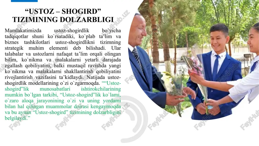 i shakllarda amalga oshiriladi, jumladan mentorlik dasturlari, professional rivojlanish kurslari va amaliyotlar orqali. mentorlik dasturlari: ko`plab ta`lim muassasalari yangi o`qituvchilarga mentorlar tayinlaydi. bu mentorlar tajribali o`qituvchilar bo`lib, yangi kelganlarga dars berish, sinfni boshqarish, o`quv rejalarni tuzish va kasbiy rivojlanishda yordam berishadi. kasbiy rivojlanish kurslari: o`qituvchilar o`z bilim va ko`nikmalarini doimiy ravishda oshirib borishlari uchun turli seminarlar, vebinarlar va konferensiyalarga qatnashadilar. bu tadbirlar o`qituvchilarga yangi o`qitish metodlari va texnologiyalari haqida bilim olish imkonini beradi. amaliyotlar: talabalar va yangi o`qituvchilar amaliy tajriba orttirishlari uchun maktablarda amaliyot o`tashadi. bu jarayon davomida ular tajribali ustozlar nazorati ostida dars berishadi va turli pedagogik vazifalarni bajaradilar. peer coaching (tengdosh o`qituvchilarning o`zaro yordami): bu usulda o`qituvchilar bir-birlarining darslariga tashrif buyurib, fikr almashadilar va o`zaro yordam ko`rsatadilar. bu tizim o`qituvchilarga o`z amaliyotlarini kengaytirish va yangi g`oyalarni sinab ko`rish imkonini beradi. professional learning communities (kasbiy o`rganish hamjamiyatlari): bu guruhlar o`qituvchilarga o`zlarining ta’lim sohasidagi qiziqishlari va muammolarini muhokama qilish uchun …