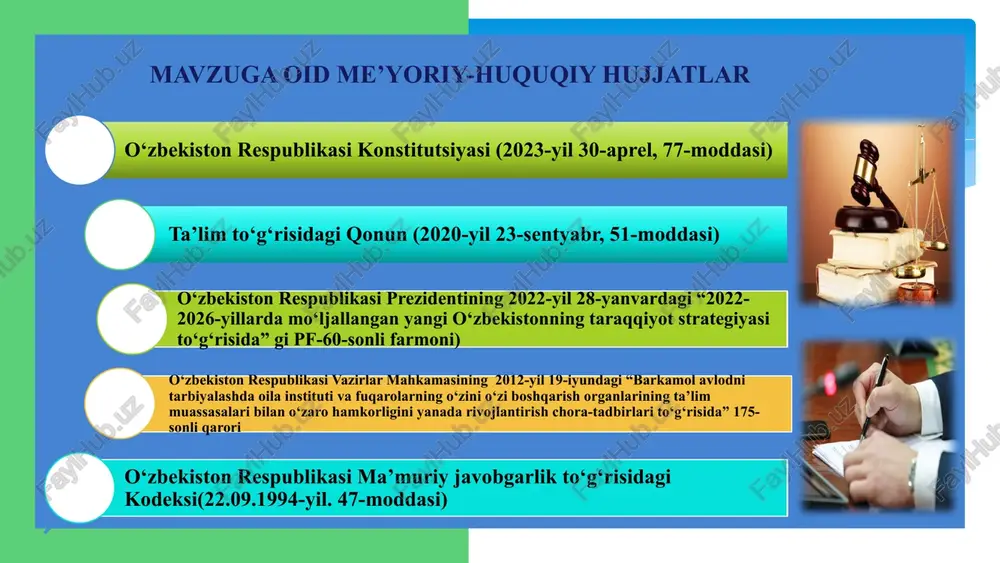 anish, ularning intellektual, ma’naviy va jismoniy rivojlanishida javobgarlik. takliflar farzandi ta’lim-tarbiyasiga e’tiborsiz ota-onalar uchun ma’muriy jazoni qo‘llashdan avval ularning mas’uliyatini yanada oshirish maqsadida “oilaga maslahat” kurslarini tashkil qilib, ularni jalb qilish o‘quvchining o‘qishi va xulqida kuzatilayotgan har qanday o‘zgarishlarni ularning ota-onalariga ma’lum qilish, ijobiy o‘zgarishlarni rag‘batlantirish ta’lim-tarbiyada e’tiborsiz ota-ona uchun ko‘rsatiladigan psixologik tajribalarni tadbiq qilish va umumlashtirish e’tiborsiz ota-onalarni farzand tarbiyasiga jalb qilish maqsadida mahalla huzurida amaliy psixolog shtatini tashkil qilish chora-tadbirlar rejasi t/r muammo amalga oshirish mexanizmi mas’ullar muddati kutiladigan natija 1. farzandining ta’lim-tarbiyasiga e’tiborsiz ota-onalar bilan mahalla, kuzatuv kengashi hamkorligini kuchaytirish ota-onalarga mahalla faollari tomonidan bola bilan munosabatlar, mas’uliyat, oilaviy tarbiyaning o‘tkir muammolari to‘g‘risida maslahat-treninglar mazmunini boyitish maktab ma’muriyati, mfy vakillari, kuzatuv kengashi, maktab psixologi har oy ota-onalar farzandlarining o‘quv mashg‘ulotlariga muntazam ishtirokini ta’minlaydi va o‘zlashtirishi ustidan nazoratni amalga oshiradi 2. o‘quvchining ta’lim-tarbiyasida kuzatilayotgan har qanday ijobiy hamda salbiy o‘zgarishlarni ularning ota-onalariga o‘z vaqtida xabar qilish, uzviy aloqalarni …