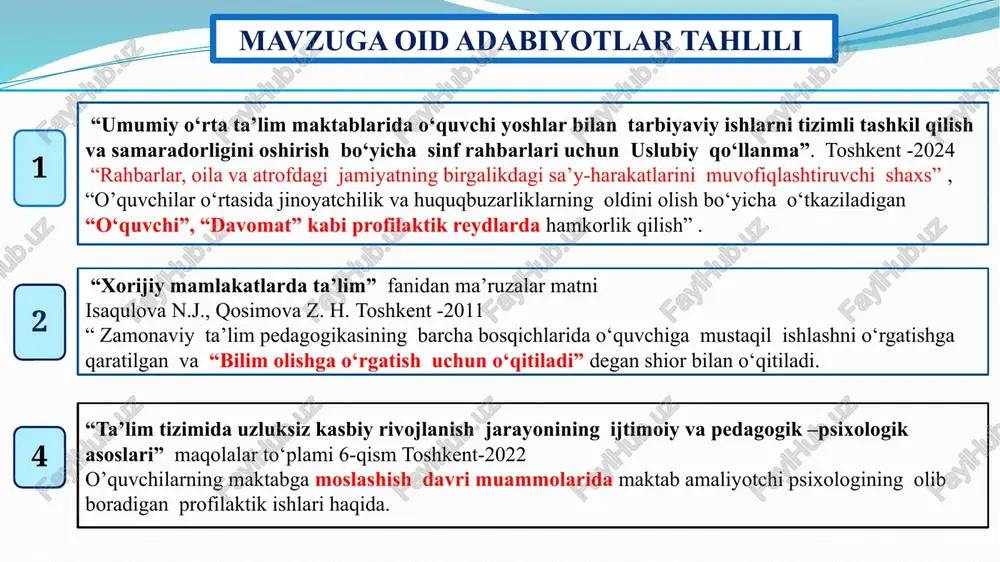 rlash bo‘yicha olimpiadalar, “yosh dasturchilar” klubi, “robototexnika ijodkorlari” jamoasini tuzish orqali o‘quvchilarni maktabga jalb qilish. chora-tadbir namunasi t/r muammo amalga oshirish mexanizmi mas’ullar muddati natija 1. ko‘p dars qoldiruvchi o‘quvchilarning maktab davomatiga salbiy ta’siri. 1. o‘quvchi va ota –onalardan so‘rovnomalar o‘tkazish. maktab mmibdo‘ maktab psixologi muntazam ravishda o‘quvchilarning dars qoldirish sabablarini aniqlash. 2. o‘quvchilarga o‘z burchlari va huquqlarini anglatuvchi ma’naviy va ko‘rgazmali tadbirlarni tashkil etish maktab mmibd o‘rinbosari, huquq fani o‘qituvchilari, barcha sinf rahbarlari o‘quv yili davomida o‘quvchilar o‘z burchlarini bajarishlari orqali, huquqlaridan foydalanish imkoniyatiga ega bo‘lishlarini tushunishadi. chora-tadbir namunasi t/r muammo amalga oshirish mexanizmi mas’ullar muddati natija 2. ota- onalar tomonidan farzandlariga bo‘lgan e’tiborsizligi. 1. ota- onalarning farzand tarbiyasidagi qonuniy burchlari hamda mas’uliyatlarini doimiy ravishda tushuntirib borish. maktab mmibdo‘ maktab psixologi, barcha sinf rahbarlari doimiy ravishda ota- onalar bilan muntazam aloqa, mustahkam hamkorlik paydo bo‘ladi. 2. “kitobxon onalar” ko‘rik tanlovini o‘tkazish maktab mmibdo‘ ona –tili fani o‘qituvchilari , sinf …