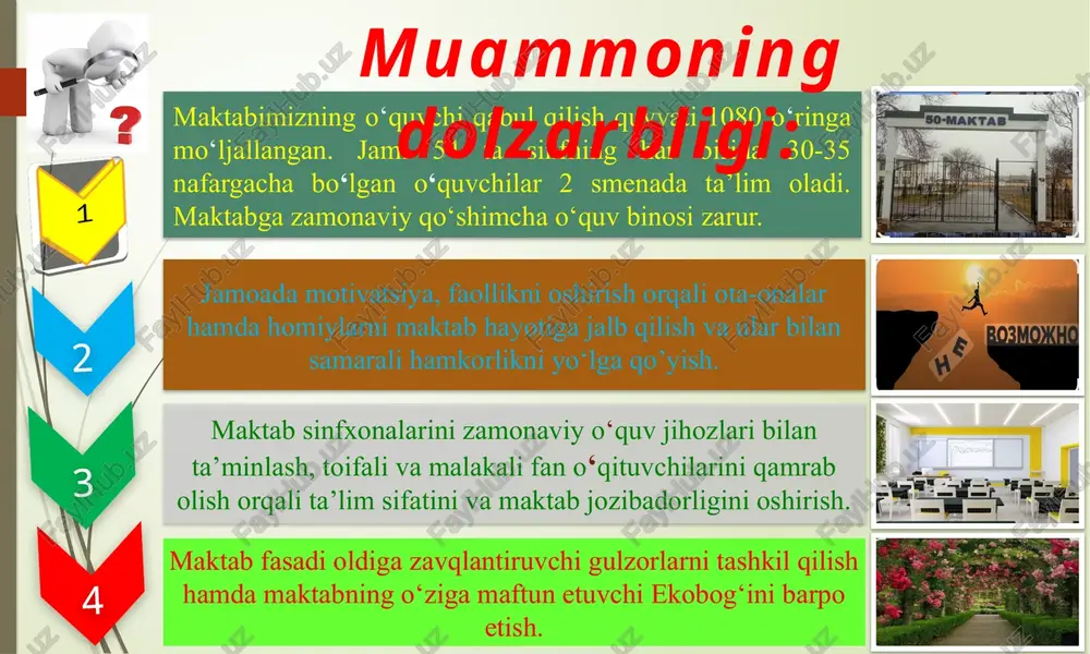 ha takliflar (amalga oshiriladigan chora tadbirlar) 2026 2025 2024 90% 60% 40% loyihani amalga oshirishda maqsadga erishish dinamikasi xulosa qilib shuni aytishim mumkinki, maktabning jozibadorligini oshirish maktab rahbariga bog‘liq jarayon. shunday ekan, rahbar faqatgina boshqaruv uchun tayinlangan muayyan shaxs sifatida emas, balki liderlarga xos bo‘lgan xususiyatlar mujassam bo‘lgan menejer bo‘lishi kerak. liderlik; menejer faollik; tashabbuskorlik adolatlilik; diplomatik qobiliyatga egalik; x u l o s a maktablarning jozibadorligini oshirish bo‘yicha chora - tadbirlar. 14 mumammo amalga oshirish ma’sullar vaqti natija maktab logotipi va shiorini belgilash maktab o‘quvchilari o‘rtasida maktab shiori va maktab logotipini yaratish tanlovini o‘tkazish. direktor o’ t i b d o‘ mmibdo‘ yil boshi maktab jozibadorligi belgilariga ega bo‘lish. maktabda “yashil makon” dasturi asosida gulzor va bog‘ yaratish maktabni ekobog‘ga aylantirish maqsadida o‘quvchilar va o‘qituvchilr o'rtasida "mening bog‘im" aksiyasini tashkil etish direktor mmibdo‘ amaliyotchi psixolog o‘qituvchilar bahor va kuz oylarida maktab ekobog‘i yaratiladi. o‘quvchilarda tabiatga bo‘lgan mehr uyg‘otiladi. maktab …
