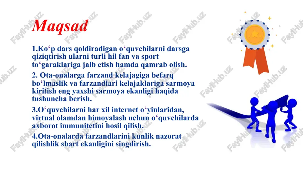 ytirish kerak. chora-tadbirlar t/r muammo amalga oshirish mexanizmi ma’sullar muddat natija 1 ayrim ota-onalar farzandini bilimidan ko‘ra moddiyatni ustun qo‘yishi maktab rahbariyati, milliy gvardiya mahalla faollari tushunchalar berish mmibdo‘, maktab amaliyotchi psixologi mahalla raisi,mfy yoshlar yetakchisi o‘quv yili davomida ota-onalarda farzandi kelajagiga e’tibor kuchayadi. 2 notinch oila farzandlari ko‘p dars qoldirishi maktab rahbariyati, milliy gvardiya mahalla faollari tushunchalar berish maktab rahbariyati, mahalla proflaktika inspektori, xotin qizlar o‘quv yili davomida ota-onalarda farzandi kelajagiga e’tibor kuchayadi. 3 ota-onalar farzandlarini kunlik nazoratini qilmasligi maktablarda “oila institutini” tashkil etish mmibdo‘, maktab amaliyotchi psixologi,sinf rahbarlar o‘quv yili davomida ota-onalarni hushyorlikni his qilishadi e’tiboringiz uchun tashakkur! image1.gif image2.gif image3.gif image4.gif image5.png image6.png image7.png /docprops/thumbnail.jpeg