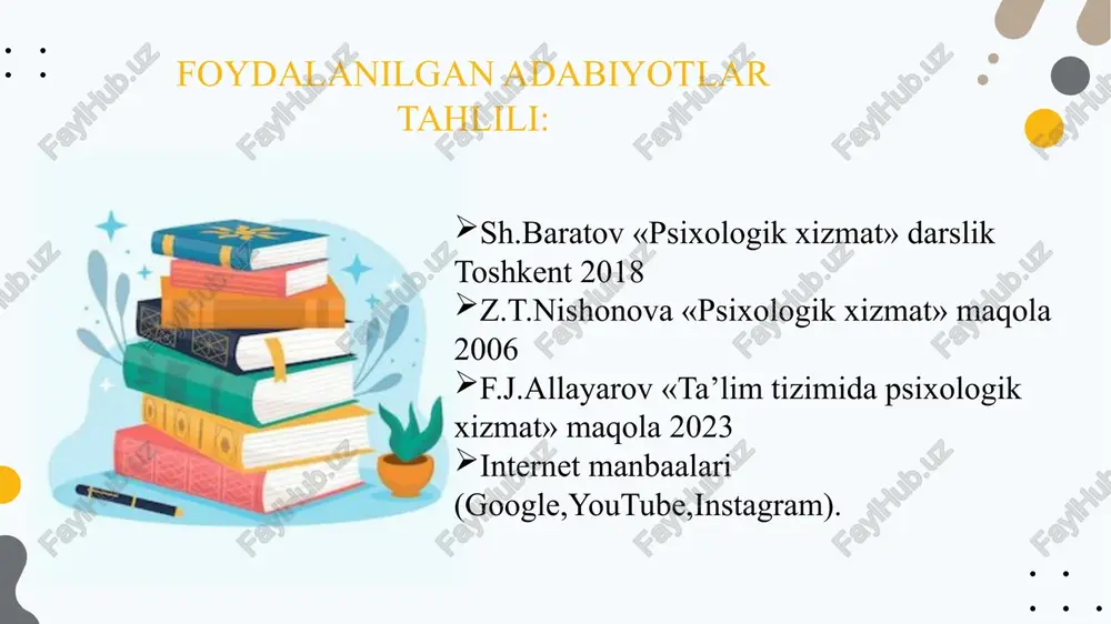sixologi imidji yaratiladi. maktablarda psixologik mashg‘ulotlar uchun 1 sinfdan 11 sinfgacha alohida psixologiya dars soatlari ajratilsa, psixologlar barcha turdagi testlar va so‘rovnomalarni boshqa fanlarga tobe bo‘lmagan holda o‘tkazadilar. buning natijasida o‘quvchilarga aniq tashxis qo‘yilib, ishlash samaradorligi va ota-onalarning psixologik savodxonliklari ham oshadi. natijada o‘quvchilarimizni jaholatga qarshi ma’rifat bilan tura oladigan, o‘zining shaxsiy fikriga ega, shaxslar aro muloqotga kirisha oladigan, umuman aytganda, zamonaviy jamiyatga muvaffaqiyatli moslasha oladigan salohiyatli kadr tayyorlagan bo‘lamiz. 8.takliflar: maktabda psixologik xizmat ko‘rsatish klubini tashkil etish. bu klubni o‘quvchilarning test va boshqa amaliy topshiriqlar bajarishlari uchun zamonaviy jihozlar bilan jihozlash. maktablarda psixologik mashg‘ulotlarni o‘tkazish uchun alohida haftasiga boshlang‘ich sinflar uchun 0.5 soat, yuquri sinflar uchun 1 soat psixalogiya darslari joriy etilisa maqsadga muvofiq bo‘lar edi. maktab psixologlari uchun sertifikatlash tizimini joriy etish kerak.ushbu sertifikatlashdan yetarli balni to‘play olmagan psixologlarni o‘z hisobidan qayta malaka oshirish kurslariga jalb etish kerak. № muammo amalga oshirish mexanizmi mas’ullar muddati natija 1 a) …