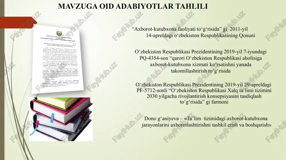 iyasiga qaratilgan.-kutubxonalar mijozlarning o'zgaruvchan ehtiyojlarini qondirish uchun onlayn resurslar, virtual xizmatlar va raqamli kolleksiyalarni taklif qiladi.-germaniyadagi kutubxona faoliyati turli dasturlar orqali savodxonlikni oshirishda muhim rol o'ynaydi. aqsh kutubxona xodimlari o‘quvchilarning kitoblarga diqqatini tortish uchun kitob javonlarining yuqorisiga eng ommabop va qiziqarli adabiyotlarni namoyish qilib qo‘yishadi. yoki kitob­larni ro‘yxatdan o‘tkazish stolida katta jumboqli mashqlarni topishingiz mumkin. kutubxonaga kelgan bola, albatta, bu jumboqli mashqlar oldidan bee’tibor o‘tib ketolmaydi va 500–1000 ta bo‘lakchadan iborat jumboqni o‘zi istaganicha davom ettirib, ulardan katta shakl chiqarishga harakat qiladi. yana bir qiziq holat shuki, kutubxonada ota-onalar yoki boshqa xayriya jamg‘armalari tomonidan tashkil qilingan maxsus kitoblar javoni bo‘lib, unda xayriya tariqasida maktabga sovg‘a qilingan kitoblar o‘quvchilar tomonidan o‘z shaxsiy kutubxonalari uchun olib ketilishi mumkin ekan. qiyosiy tahlil t/r amaldagi holat (o‘zbekistonda) amaldagi holat (xorijda) taklif 1 maktab kutubxonalariga kadrlarni yetishtirish bo‘yicha oily ta'lim muassasalarida kutubxonachilik mutaxassisligi juda kamligi amaldagi holat hisoblanadi. kutubxona faoliyati bilan bog‘liq kadrlar tayyorlash chora-tadbiri …