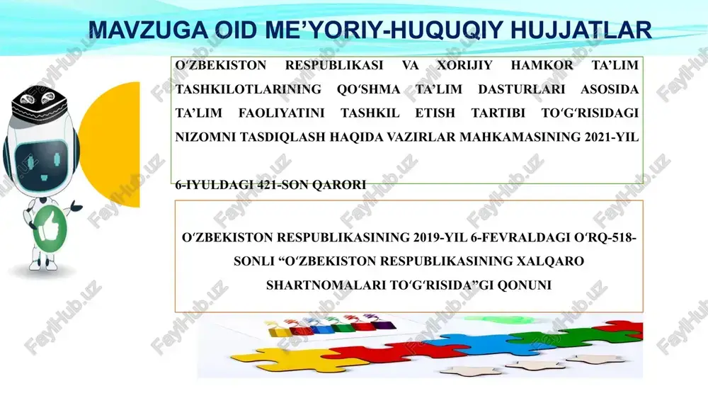o‘rganish hamda xorijiy tajribalarni amaliyotda qo‘llash imkoniyati paydo bo‘ladi. xorijiy hamkolikni rivojlantirish bo‘yicha takliflar: 1. maktabda virtual almashuvlar, xorijiy xalqaro muloqotlar va hamkorlik loyihalari tashkil etish. bu orqali o‘quvchilar o‘zlarini dunyoqarashiga tayyorlash, boshqa mamlakatlarning yoshlar bilan bog‘lanishlari va global muhitda o‘zlarini ifodalashlari mumkin.; 2. maktab rahbarlarini xorijiy ta’lim muassasalariga tajriba almashishga yuborish loyihasini yo‘lga qo‘yish; 3. xorijiy davlatlardagi ta’lim tizimi bilan tanishish va ulardagi ta’lim imkoniyatlarini o‘rganish maqsadida “o‘quvchilar uchun ta’lim turizmi sayohati”ni tashkil etish thank you for your attention!!! image1.jpeg image2.png image3.jpeg image4.png image5.png image6.png image7.png image8.jpeg image9.jpeg image10.png image11.png image12.jpeg image13.png image14.png image15.jpeg image16.png image17.jpeg image18.jpeg image19.png image20.png image21.jpeg image30.png image22.jpg image23.png image24.png image25.png image26.png image27.png image28.png image29.png image31.png image32.jpeg image33.png image34.jpg image35.png image36.png image37.png image38.png image39.png image40.png image45.png image41.png image42.png image43.png image44.png image46.png image47.png image48.png image49.emf image50.png image51.png image52.png t/r mavjud muammolar muammolarni yechish bo‘yicha amalga oshiriladigan ishlar (mexanizmlar) muddati mas'ul ijrochi kutilayotgan natija 1. maktablarda xorijiy …