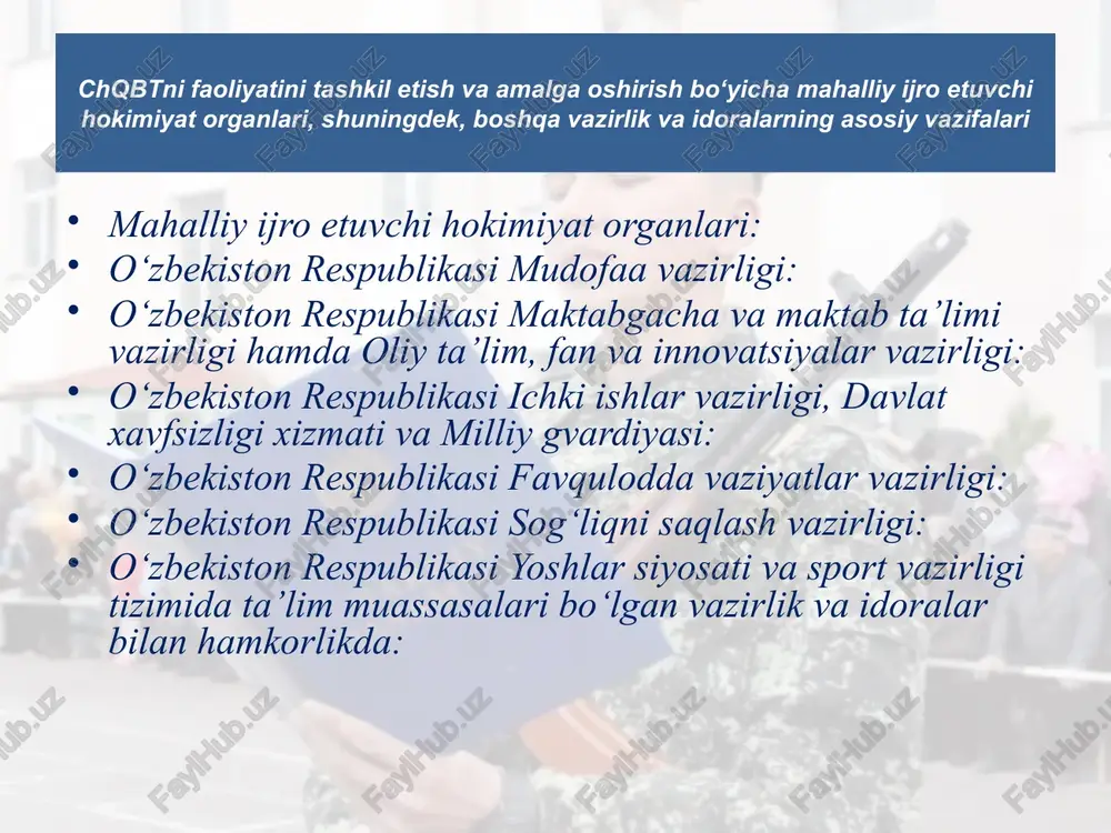 lqi taqdiri uchun yuksak mas’uliyat va javobgarlik kabi muhim xususiyatlarni shakllantiradi. maktablarda darslikka oid animatsion video ro’liklar bilan ta’minlash kerak maktablarda yoshlarni chaquruvga qadar boshlang’ich tayyorgarlik darslarida nazariy soatlari ko’proq va ko’rgazmali amaliy dars soatlarini kamligi germaniyaning tashqi va mudofaa siyosati asoslarini hamda xalqaro vaziyatni tushuntirib berishadi. shuningdek, ular harbiy qismlarda maktab o‘quvchilarini harbiy xizmat, askarlar, jihozlar bilan tanishtiradigan “ochiq eshiklar kuni”ni tashkil etadi, askarlar va maktab o‘quvchilari o‘rtasida seminar-uchrashuvlar o‘tkazadi, ularda turli ijtimoiy, shu jumladan vatanparvarlik masalalari muhokama qilinadi mudofa ishlari bilan kelishilgan xolda harbiy qismlarga amaliy ko’rgazmali uchrashuvlar ochiq eshiklar kunini tashkil etish yoshlarni chaquruvga qadar boshlang’ich tayyorgarlik fanidan dala mashg’ulotlarga olib chiqish yilda 2 marta. isroilda chaqiruvdan oldingi tayyorgarlik 13 yoshdan boshlanadi. har yili o'rta maktab o'quvchilari harbiy lagerlarda ikki haftalik o'quv lagerlariga boradilar. o'quv lagerlarida ular armiya ofitserlari va serjantlariga bo'ysunadilar. o'quv-mashg'ulot yig'inlarida maktab o'quvchilari forma oladi. ularga otish, jismoniy va burg‘ulash mashg‘ulotlari o‘tkaziladi. o‘quv-mashg‘ulot yig‘ini …