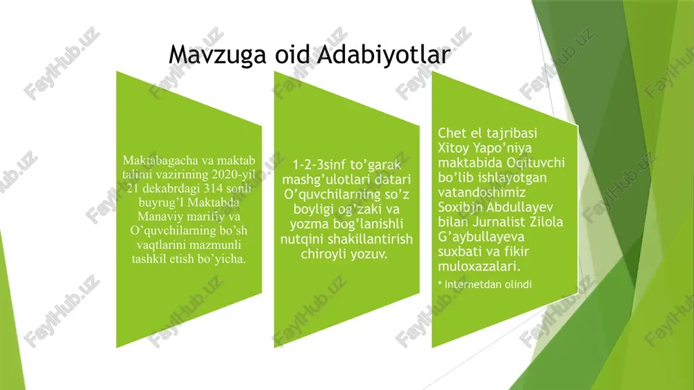 darsi bor maktablarda ekologik talim. yapo’niyada o’quvchilar tozalash ishalarini o’zlari qilishadi bu tarbiya bog’chadan boshlab o’rgatiladi.tozalash sanat darjasiga chiqqan keyinchalik bu jarayon ish joylarida xam davom etadi.yapo’niyada ishxonalarda farroshlar ishlamaydi qiyosiy taxlil amaldagi xolat (o’zbekistonda) amaldagi xolat (xorijda) xitoy taklif darsdan tashqari to’garaklar 5 tashabbus, fan to’garaklari 1 stavka darsi bor o’qituvchi xatasiga 2 soat to’garagi bor xitoy maktablarida 8:00dan 16:00gacha davom etishi dars o’rtasida tushlik va dam olish uxlab olish uchun vaqt ajratiladi maktablarda tushlik va dam olish uchun vaqt ajratish va ish reja ishlab chiqish kerak va to’garak o’qituvchi shtatini tashkil qilish kerak qiyosiy taxlil amaldagi xolat (o’zbekistonda) amaldagi xolat (xorijda) yapo’niya taklif o’zbekistondagi maktablarda boshlang’ich talim 1-4-sinflar tayanch o’rta talim 5-9- sinflar o’rta talim 10-11 sinflar xammasi bitta maktabda 1-sinfdan 11-sinfgacha o’qiydi. yapo’niyada maktablar boshlang’ich maktab1-6 o’rta maktab 7-9 yuqori maktab 10-12 12chi sinfni bitqazguncha 3ta maktabda o’qiydi. bizning maktablarda xam ekologik talimni yani sinf tozaligiga,kutubxona darsi,va …