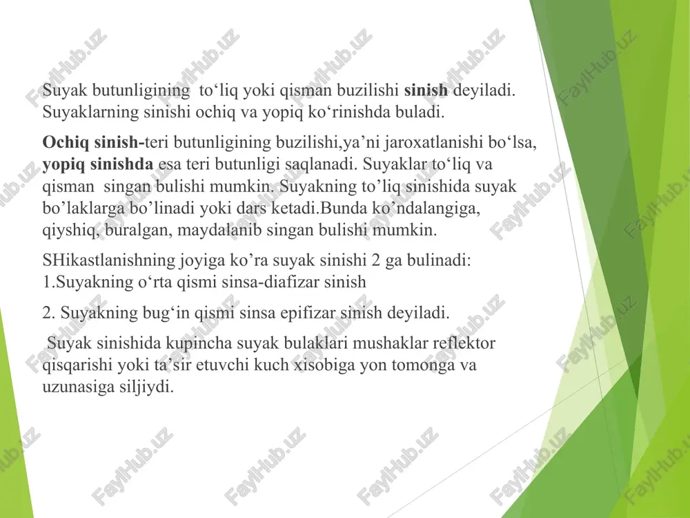 ilgari chiqqanda bug‘im kapsulasining uzilganligi va chuzilganligi sababli suyak takror chikadigan bulib qoladi. sporsmenlarda (kurashchilar) kup uchraydi. suyak chiqishining asosiy belgilari. chiqqan soxada o‘ziga xos g‘ichirlagan tovush eshitiladi, qattiq og‘riq turadi, bo‘g‘im faol harakat qila olmaydi, chiqqan bo‘g‘imning tashqi ko‘rinishining uzgaradi. chiqqan soxada shish xosil bo‘lishi va qon quyilish, chiqqan oyoq-qul uzunligining uzgarishi kuzatiladi. oyoq-qulni xolatini o‘zgartirishga harakat qilganda agar chiqqan bo‘lsa, qarshilik seziladi. chiqqanda btyo. bemorni qimirlatmay yotqizib quyish, chiqqan oyoq yoki qulni qimirlamaydigan qilib bog‘lash va tezda kasalxonaga olib borish, og‘riq qoldiruvchi dorilar ( morfin, promedol) beriladi. chiqqan suyakni o‘zicha to‘g‘rilashga harakat qilish tavsiya etilmaydi. hayotda ko‘proq elka suyagining chiqishi kuzatiladi. bunda chiqqan elka suyagi kasalxonada koxer, mota-muxina, gippokrat usullari bilan to‘g‘rilanadi. teri yoki shilliq pardalarning butunligining buzilishi jarohatlar deyiladi. belgilari: og’riq, qon oqishi va jaroxatlangan to‘qima tortilishi, uning chetlarini qochishi. og‘riqning kuchi: a) jarohatning joylashgan o‘rniga, b) jarohatlagan asbobning turiga, v) to‘qimalarni shikastlanishining tezligiga, g) jabrlanuvchini shaxsiy …
