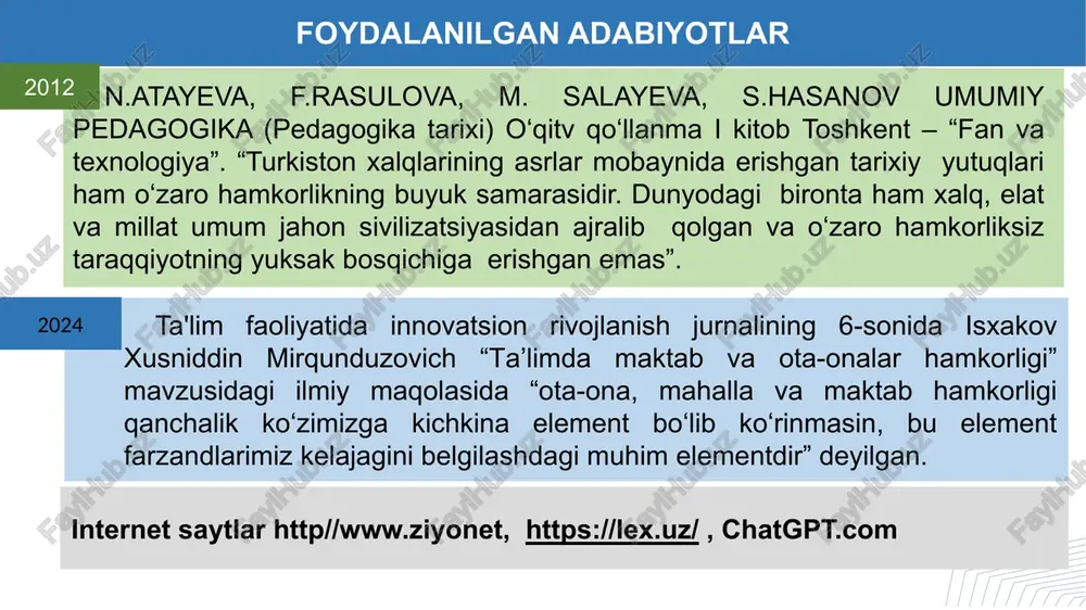 a oshirish. aqshda: maktab okruglari va saylanadigan maktab kengashlari (school board) orqali mahalliy boshqaruv ta’minlanadi. tuman (shahar) xalq ta’limi bo‘limlari orqali boshqaruv amalga oshiriladi. maktab kengashlariga mahalliy jamoa vakillarini saylash amaliyotini joriy etish, ularning vakolatlarini oshirish. xulosa maktabda ta’lim muvaffaqiyati bevosita maktab xodimlari va jamiyatning barcha a’zolarining birgalikdagi muvofiqlashtirilgan harakatlariga bog‘liq. maktab boshqaruvida hamkorlik g‘oyasi shundan iboratki, barcha qilingan sayi harakatlar zamirida barkamol shaxsni tarbiyalash, jamiyatda o‘z o‘rnini egallay oladigan bilimli, salohiyatli, kasb-hunar egalari bo‘lgan maktab bitiruvchilarini tayyorlash. ta’limi rivojlangan xorijiy davlatlar maktablari bilan raqobatlasha oladigan maktab boshqaruvini yo‘lga qo‘yish zamonaviy rahbar, menejerga qo‘yiladigan davr talabidir. takliflar o‘qituvchi kadrlar salohiyatini oshirish, bitiruvchi yoshlarni ta’limning keyingi bosqichi bilan qamrab olish darajasini oshirish uchun otmlar hamda xususiy ta’lim muassasalari bilan hamkorlik yaxshi natija beradi. har qanday tashkilot bilan yo`lga qo`yilgan hamkorlikni chuqur tahlil qilib, “maslahatchi”, “nazoratchi” pozitsiyasidan “sherik ”pozitsiyasiga o‘tkazish. ta’limda olib borilgan hamkorlik natijasiga ko‘ra hamkor tashkilotning samaradorlik ko‘rsatkichni belgilab olish. …