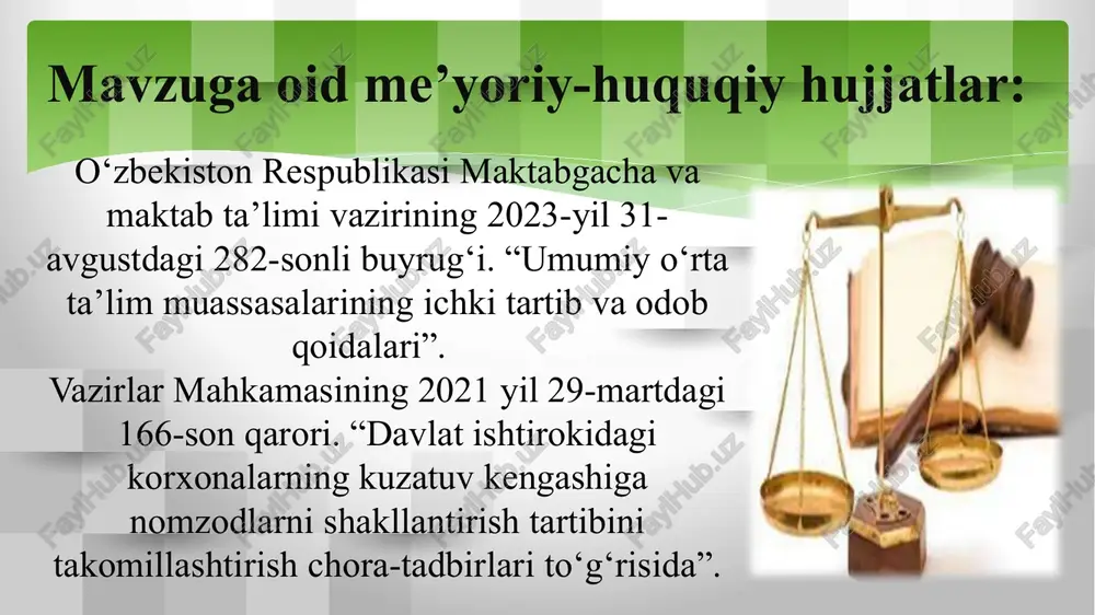krlarini bildirishlari kerak. 4. ayrim farzandi tarbiyasiga e’tiborsiz ota-onalar maktabga ixtiyoriy ravishda emas, ehtiyoji yuzaga kelgandagina keladilar. ota-onalar farzandining kelajagi bevosita oilaga bog‘liq ekanligini his qilgan holda maktabga ixtiyoriy ravishda keladilar. maktab jamoasi bilan muntazam uchrashuvlar: ota-onalar, o‘qituvchilar va maktab ma’muriyati o‘rtasida muntazam uchrashuvlar o‘tkazish. maktabning yutuqlari va muommolari haqida ochiq va konstruktiv suhbatlar olib borish. qiyosiy tahlil xulosa. xulosa qilib aytganda, maktab boshqaruvida ota-onalar hamkorligida quyidagi tamoyillarga amal qilganda samaradorlik yanada yuqoriroq bo‘ladi. -ta’lim- tarbiya jarayonida maktab ota-onalar hamkorlik harakatlarini tizimli yo’lga qo’yish -farzandning maktabda ta’lim jarayoniga o‘qituvchi ma’sul bo‘lsa oilada farzandning tarbiyasiga ota-onaning ma’suliyatini yanada kuchaytirish kerak -hayotda muvaffaqiyatga erishgan ota-onalarni ta’lim muassasasiga chaqirib hayotiy tajribalarini o‘rtoqlashish kerak takliflar. ota-ona majlislari ko‘proq norasmiy, noodatiy tarzda tashkil etilib, “eng ibratli ota’’, “eng ibratli ona” mavzularida ota-onalar majlislari tashkil qilish kerak. maktab foesida mahalladagi har tomonlama mukammal tarbiyali farzandlari turli sohalarda yutuqlarga erishgan oilalarning suratlar ko‘rgazmalarini tashkil etish. farzandi ta’lim-tarbiyasiga …