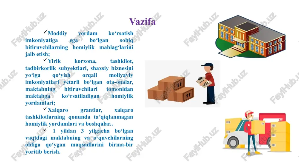 h. xulosa 3 davlat hokimiyati organlari umumta’lim muassasalari faoliyatini chuqur tahlil qilmasdan, faqatgina statistik va boshqa ma’lumotlarni to‘plash bilan chegaralanayotganligi joylardagi haqqoniy holatni aniqlashga to‘sqinlik qiladi. shuning uchun hokimiyat vakillarining ishtirokisiz joylardagi so‘rovnomalar o‘tkazish orqali (o‘quvchilar, o‘qituvchilar bilan) haqiqiy holatni o‘rganish maqsadga muvofiq. 2 bunda maktablar quvvati, o‘quvchi koeffitsienti, yillik o‘rtacha aholining o‘sishi va maktablarda xonalar yetishmasligi sababli qo‘shimcha binoning zarurligiga alohida e’tibor qilinishi lozim 1 xulosa o‘rnida shuni aytish mumkinki, maktabgacha va maktab ta’limi vazirligi o‘zbekiston ahlolisining o‘sishi oqibatida hududlarda umumta’lim maktablarini moddiy-texnik ba’zasini o‘rganib, 5 yoki 10 yillik dastur yoki yo‘l xaritasi qilish zarur. chora-tadbir interaktiv doska 10 ta, 2 ta xona uchun kompyuter jamlanmasi,fizika, kimyo, biologiya fanlari uchun labaratoriya jihozlari. maqsadim o‘quvchilarga “direktor stipendiyasi” joriy etish.(9,10,11) muammoning yechimini amalga oshirish mexanizmi 1.o‘zbekiston respublikasi vazirlar mahkamasining 2019-yil 22-apreldagi qaroriga muvofiq 343-son asosida rinlarda maktablar deb ataladi) o‘quvchilar uchun ixtiyoriylik asosida tashkil etiladigan pullik ta’lim xizmatlari ko‘rsatish tartibini belgilaydi. …