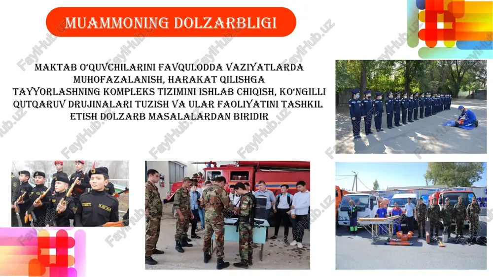 b oʻquvchilari bilan mashgʻulotlar olib borilmoqda qirgʻizistonda maktab ma’muriyati tabiiy ofatlar xavfini kamaytirish va fuqaro muhofazasi bo‘yicha tadbirlarni doimiy, rejali va tizimli asosda, bolalar va maktab xodimlarining hayoti va sog‘lig‘i uchun yuqori darajadagi mas’uliyatni hisobga olgan holda tashkil etadi va amalga oshiradi. maktab maʻmuriyati bu ishni axborot, oʻquvchilar va maktab xodimlari bilan, zarur hollarda esa boshqa manfaatdor tomonlar, jumladan, tegishli davlat organlari, hududiy mahalliy davlat hokimiyati organlari, mahalliy hamjamiyat vakillari, ota-onalar, xalqaro tashkilotlar va nodavlat tashkilotlari bilan keng muhokama va muloqot asosida amalga oshiradi. ota-onalarni, mahalla raislarini favqulodda holatlarga tayyorlik darajasini oshirishga qaratilgan tadbirlarga jalb etish va hamkorlikda ishlash; favqulodda vaziyatlar bo’yicha sanitariya postlari va tashabbuskor guruhlar tashkil etish, ta’lim muassasalarida o’zbekiston qyaoj o’quv xonalarini yaratish va jihozlash 3 umumiy oʻrta ta’lim maktablarini favqulodda vaziyatlardan muhofaza qilish sohasida mutaxassislar tayyorlash, qayta tayyorlash va ularning malakasini oshirish tizimi yo‘lga qo‘yilgan pokistonda maktab xavfsizligi dasturi oʻquvchilar, ota-onalar va maktab rasmiylariga oʻz ta’lim …