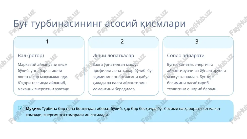 hga yaqin. turbinalarning qurilishi va o'lchamlari uzunligi katta quvvatli turbinalarning uzunligi 25-30 metrga etadi — bu 10 qavatli binoning balandligidek korpus tuzilishi turbina korpusi bir necha tsilindrdan iborat: yuqori bosim tsilindri (yubts), o'rta bosim tsilindri (o'bts) va past bosim tsilindri (pbts) valoprovod barcha tsilindrlarni va generatorni bog'lovchi vallar tizimi. umumiy uzunligi 40-50 metr bo'lishi mumkin bug' turbinalarning xavfsizlik tizimlari avariyalarni oldini olish maxsus nazorat tizimlari tebranishlarni, bosimni, haroratni va boshqa parametrlarni uzluksiz kuzatib boradi. xavfli holatlarda avtomatik to'xtatish tizimi ishga tushiriladi. boshqaruv tizimi zamonaviy raqamli boshqaruv tizimlari operatorlarga turbinaning holatini real vaqtda ko'rsatib, eng samarali ish rejimini ta'minlaydi. mexanik va termik chidamlilik maxsus qotishmalar va qoplamalar turbina qismlarini yuqori harorat, bosim va kimyoviy ta'sirlardan himoyalaydi. konstruktsiya 100,000 soatgacha ishlashga mo'ljallangan. bug' turbinalarning kelajagi 01 metanol va bioyoqilg'i ekologik toza yoqilg'ilar bilan ishlaydigan yangi avlod turbinalari ishlab chiqilmoqda 02 raqamli boshqaruv sun'iy intellekt va iot texnologiyalari orqali avtomatlashtirish darajasini oshirish 03 …