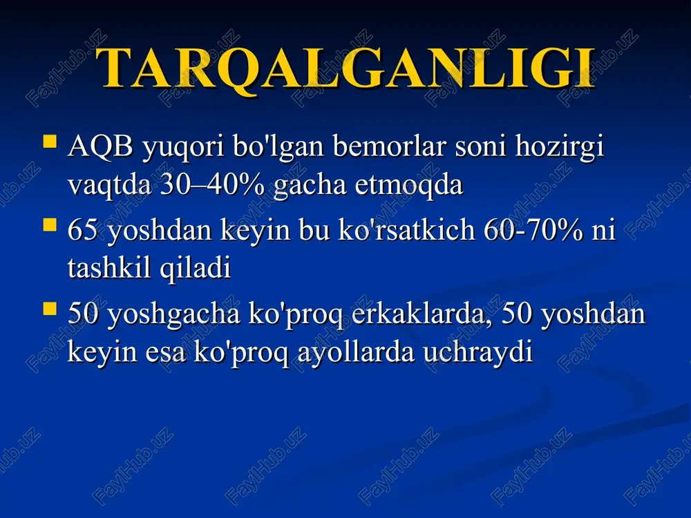 n venlar (gvist simptomi) gipertonik retinopatiya: to'rpardadagi «laxtasimon» ekssudatlar, arteriyalar torayishi (j.d. swales) gipertonik retinopatiya: venalar trombozlari to'rparda gemorragiyalar (j.d. swales) gipertonik retinopatiya: ko'ruv nervi diskining shishi (j.d. swales) asoratlari gipertoniya krizlari miya qon aylanishining buzilishlari miokard infarkti nefroskleroz (birlamchi buyrak bujmayishi) yurak etishmovchiligi aorta anevrizmi davolashning asosiy tamoyillari aqbni optimal darajada ushlash nishon a’zolarini himoyalash risk omillarini bartaraf qilish dorilarsiz davolash - ortiqcha vaznni kamaytirish. - giperlipidemiya korrektsiyasi. - osh tuzini meyorlash. - alkogol istemol qilmaslik. - chekmaslik. - jismoniy faollikni oshirish. antigipertenziv dori vositalari β-adrenoblokatorlar noselektiv propranalol nadolol selektiv atenolol bisoprolol metoprolol kaltsiy antagonistlari digidropiridinlar nifedipin amlodipin isradipin fenilalkilaminlar verapamil benzodiazepinlar diltiazem apf ingibitorlari aktiv shakllari kaptopril lizinopril dori o’tmishdoshlari enalapril ramipril angiotenzin ii retseptorlari blokatorlari bifeniltetrazollar lazortan irbesartan nonbifeniltetrazollar eprosartan nogeterotsiklik blakatorlar valsartan diuretiklar tiazidlar gidroxlortiazid qovuzloq diuretiklari furosemid kaliy saqlovchilar spironolakton α-adrenoblokatorlar prazozin doksazizin terazozin markaziy ta’sir qiluvchilar klonidin rezerpin metildopa