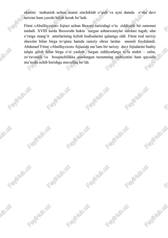qarata shunday bir gapni aytishdan toymaydi: «jiyanim, men abulfayzxon bilan urushdim, chunki haqsizlik qilg‘an edi. siz bu kun undan ortiq haqsizlik qila turibsiz. ko‘zim bo‘lsa edi, ertadan boshlab, siz bilan ham urushar edim. nima qilaykim, ko‘zim yo‘q. hay, siz-ku buxoro taxtini olarsiz. abdulmo‘minni o‘ldirarsiz. balkim, meni ham o‘ldirarsiz. biroq shuni bilib qo‘yingizkim, bu taxt sizning bolalaringizg‘a yuqmag‘usidir». adolatning qaror topishini har qanday inson xohlaydi. toj-u taxt bevafo va o‘tkinchi. fitrat ibrohimbiy tilidan shu haqiqatni bayon qiladi. darhaqiqat, oxirgi sahnada rahimbiy oldida ramziy obraz – xayol paydo bo‘ladi. fitrat o‘zi anglab yetgan va anglatmoqchi bo‘lgan haqiqat bayoni uchun xayolni: «sen fazilatli bilimlarning qo‘l, qanotlarini uzib tashlading. inju tizg‘uchi adiblarning qalamlarini o‘choq supurgisiga aylantirding. ota pichog‘i bilan bolalarni bo‘g‘izlading. bola pichog‘i bilan otalarni yiqitding...», deya so‘zlatadi. xayol asardagi eng kuchli va eng teran obrazlardan biri. fojiadagi obraz larning o‘zaro ziddiyatlarini, tarixiy haqiqat kim tomonida ekanini tushunish uchun asarni sinchiklab o‘qish va ayni …