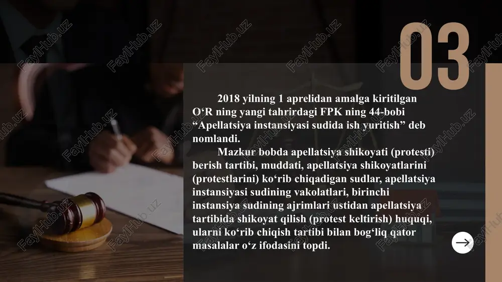 llyatsiya shikoyati vakil tomonidan imzolangan taqdirda — uni imzolashga bo‘lgan vakolatlarini tasdiqlovchi hujjat. 09 apellyatsiya shikoyati (protesti) sudya tomonidan quyidagi hollarda qaytariladi, agar: apellyatsiya shikoyati (protesti) imzolanmagan bo‘lsa yoki uni imzolash huquqiga ega bo‘lmagan shaxs tomonidan yoxud mansab mavqeyi yoki familiyasi va ismi-sharifining bosh harflari ko‘rsatilmagan shaxs tomonidan imzolangan bo‘lsa; apellyatsiya shikoyatining (protestining) mazmuni fpk ning 386-moddasida nazarda tutilgan talablarga muvofiq bo‘lmasa yoki apellyatsiya shikoyatiga (protestiga) fpk 387-moddasining 2, 4 — 6 qismlarida nazarda tutilgan hujjatlar ilova qilinmagan bo‘lsa; apellyatsiya shikoyatiga davlat boji va pochta xarajatlari belgilangan tartibda hamda miqdorda to‘langanligini tasdiqlovchi hujjat ilova qilinmagan bo‘lsa, qonunda davlat bojini to‘lashni kechiktirish, bo‘lib-bo‘lib to‘lash yoki uning miqdorini kamaytirish imkoniyati nazarda tutilgan hollarda esa bu haqda iltimosnoma mavjud bo‘lmasa yoxud iltimosnoma rad etilgan bo‘lsa; 10 4) apellyatsiya shikoyati (protesti) sud hujjatini qabul qilgan sudni chetlab o‘tgan holda yuborilgan bo‘lsa; 5) apellyatsiya shikoyati (protesti) belgilangan muddat o‘tganidan keyin berilgan bo‘lsa va o‘tkazib yuborilgan …