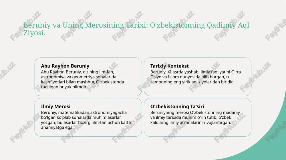 y merosi abu rayhon beruniy o'zining ilmiy faoliyati bilan nafaqat o'zbekistonda, balki butun dunyoda ilm-fan rivojiga katta hissa qo'shgan. 02 ilm va madaniyat ustoz beruniy, ilm va madaniyat ustoz sifatida, zamonaviy ilmiy tadqiqotlar uchun asos yaratgan. u avlodlarga ilmiy meros qoldirgan. 03 qadimiy aql ziyosi beruniyning asarlari qadimiy aql ziyosi sifatida, bugungi kunda ham ilm-fan va madaniyat sohalarida o'z ahamiyatini yo'qotmagan. e'tiboringiz uchun rahmat! /docprops/thumbnail.jpeg