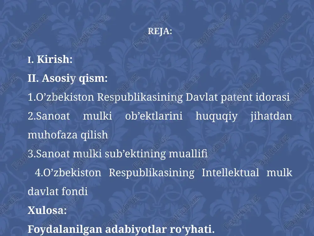 hartnoma asosida olinadigan intellektual mulk ob’ektlariga nisbatan huquq hamda majburiyatlarini amalga oshirilishiga ko’maklashadi. intelektual mulk davlat fondi faoliyatini mablag’ bilan taminlash manbai sanoat mulki va intellektual mulkning boshqa turlari ob’ektlaridan foydalanish huquqiga oid listenziya sotilishidan tushadigan mablag’larning bir qismidan, davlat byudjeti mablag’lari hamda boshqa tushumlardan iborat bo’ladi. intellektual mulk davlat fondi o’z faoliyatini «ixtirolar, foydali modellar va sanoat namunalari to’g’risida»gi qonun va vazirlar mahkamasi tasdiqlaydigan nizomga binoan amalga oshiradi. adabiyotlar ro'yxati 1.o’zbekiston respublikasining konstitutsiyasi. - toshkent: o’zbekislon. 1992.-46 b. 2.karimov i.a. barkamol avlod - o’zbekiston taraqqiyotining poydevori. - t.: sharq nashriyot-matbaa kontsemi, 1997. -48 b. 3.“ixtirolar, foydali modellar va sanoat namunalari” to’g’risidagi qonun // o’zbekiston ixtirochilar va ratsionalizatorlar jainiyatining respublika kengashi. rasmiy hujjatlar to’plami. № 2.-t.,1994 . 4-28 b. 4.alekseev v.e. pedagogicheskie problemi razvitiya texnicheskogo tvorchestva molodeji. -t.:"fan", 1980. -152 s. 5.andrianov p.n. maktab o’quvchilari texnik ijodkorligini rivojlantirish // o’quvchilaming texnik ijodkorligi. tuzuvehi p.n.andrianov. - t.:”o’qituvchi”, 1989.128 b. e’tiboringiz uchun …