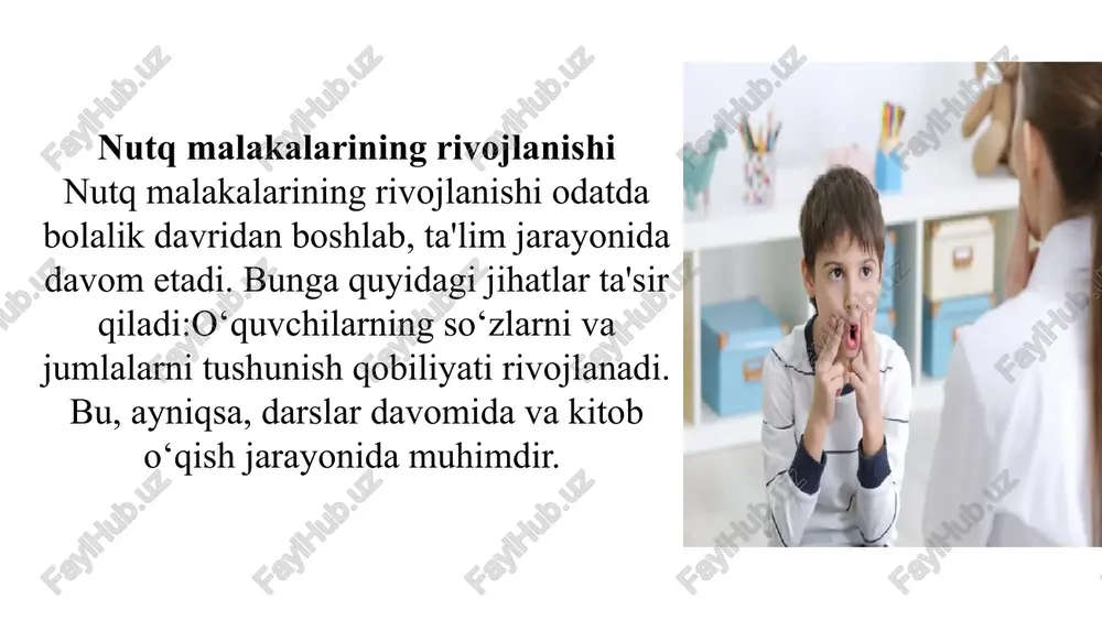 'nikmalarini rivojlantirishda hal qiluvchi rol o'ynaydi. yo'l-yo'riq va yordam ko'rsatish orqali ular talabalarga ushbu sohalarda o'z malakalarini oshirishga yordam beradi. 02 qiziqarli mashg'ulotlar va shaxsiylashtirilgan ko'rsatmalar orqali o'qituvchilar o'quvchilarning nutq qobiliyatlariga ishonchini oshirishga yordam berishlari mumkin. amaliyotni rag'batlantirish va fikr-mulohazalarni taklif qilish orqali ular o'sish va takomillashtirish uchun qulay muhit yaratadilar. 03 turli strategiya va usullarni qo‘llash orqali o‘qituvchilar o‘quvchilarning nutqiy malakalarini samarali oshirishlari mumkin. bu faol tinglashni rivojlantirish, aniq ifodalashni targ'ib qilish va samarali muloqot ko'nikmalarini rivojlantirishni o'z ichiga oladi. yozuv malakalarini oshirish strategiyalari: pedagoglarning yondashuvi 01 nutq, muloqot, o'qish va yozish ko'nikmalarini rivojlantirishda o'qituvchilar muhim rol o'ynaydi. asosiy jihatlardan biri strategik yondashuvlar orqali yozish ko'nikmalarini oshirishdir. 02 yozish ko'nikmalarini oshirish strategiyalari fikr-mulohazalarni taqdim etish, o'z-o'zini aks ettirishni rag'batlantirish va amaliyotni rag'batlantirishni o'z ichiga oladi. pedagoglar o‘quvchilarning yozish qobiliyatini samarali usullar orqali oshirishga yo‘l-yo‘riq ko‘rsatadi. 03 yozish ko'nikmalarini o'rgatishda yo'naltirilgan yondashuvni qo'llash orqali o'qituvchilar o'quvchilarning muloqot va ifodaliligini rivojlantirishga …