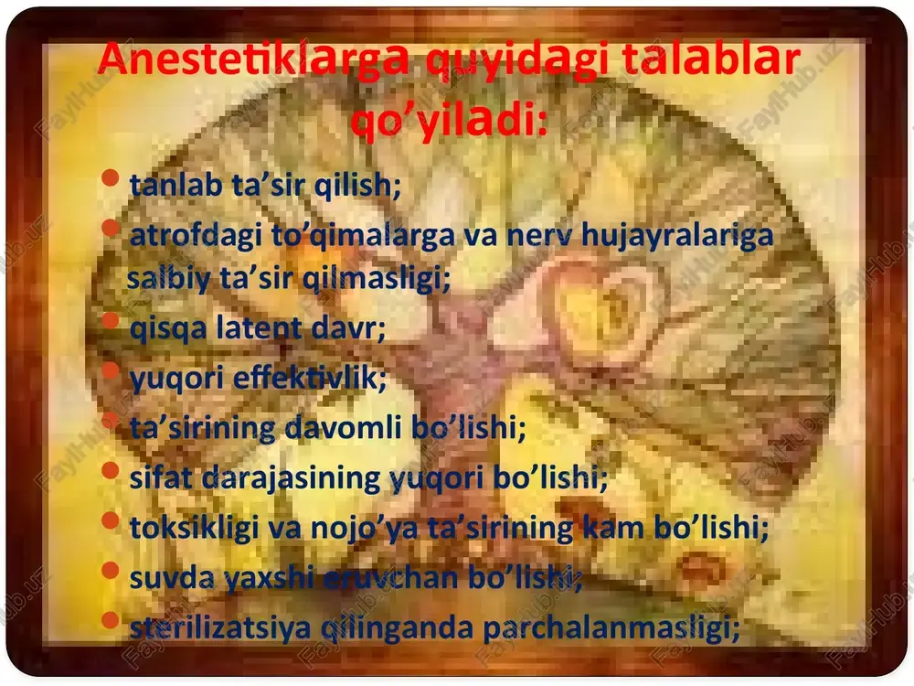 0,25 – draje, malham, sprey adsorbsiyalovchi moddalar adsorbsiyalovchi vositalarga oq loy, talk, faol koʼmir preparatlari kiradi. bular organizm uchun zaharsiz, suv, ishqor va kislotalarda erimaydi. ammo kuchli soʼrib oluvchi xususiyatga ega, gazsimon moddalar, tez uchuvchan zaharli suyuqliklarni yutish qobiliyati bor. ular meteorizm va zaharli gazlar bilan zaharlanganda ishlatiladi. burishtiruvchi moddalar burishtiruvchi vositalar taʼsirida yalligʼlangan joy oqsillari zichlashib, choʼkib, oq parda hosil qiladi. bu parda sezuvchi nervni tashqi taʼsirlardan himoya qiladi. ogʼriq sezishi yoʼqoladi. tomirlar torayib, suyuqlik chiqib, modda almashinuvi yaxshilanib, sogʼaya boradi. ular: organik moddalar - tanin, tanalbin, eman poʼstlogʼi qaynatmasi, romashka damlamasi va anorganik moddalar: ogʼir metall tuzlari - qoʼrgʼoshin, mis, alyuminiy, oltin, kumush va simob kabi metallarning tuzli hosilalaridir. o’rab oluvchi moddalar oʼrab oluvchi moddalarga kraxmal, kanop, zigʼir urug’lari kiradi. bu dori turlari yalligʼlanish kasalligiga qarshi va ogʼir metall tuzi birikmalari, alkaloidlar, yurak alkaloidlari va boshqa preparatlar ta’sirlaganda, zaharlanganda ishlatiladi. xulosa jumladan birgina stomatologiya sohalarida har qanday davo …