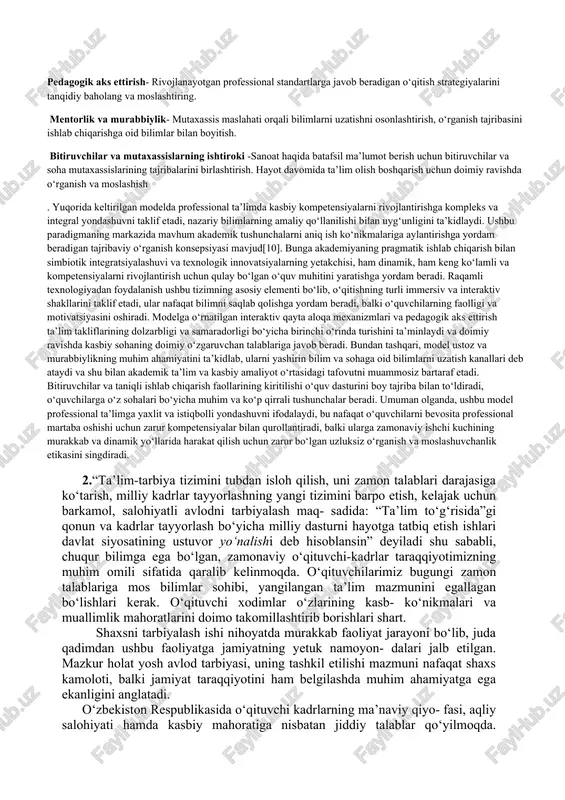 petensiyaga asoslangan modelga o‘tish professional faoliyatda bevosita qo‘llanilishi mumkin bo‘lgan aniq ko‘nikma va bilimlarni egallashga urg‘u beradi. o‘quvchilarning kelajakdagi kasbiga puxta tayyorgarlik ko‘rishlari uchun o‘quv dasturlarini sohadagi eng so‘nggi tendensiyalar va texnologiyalar bilan muntazam yangilab turishni taklif qiladi. kompetensiyaga asoslangan ta’lim dasturlarini ishlab chiqish akademik ta’limni ish talablari bilan bog‘laydigan istiqbolli yondashuvdir[6]. ushbu model nafaqat mavzuni chuqurroq tushunishga yordam beradi, balki o‘quvchilarni tegishli sohalarda muvaffaqiyatga erishish uchun zarur bo‘lgan amaliy ko‘nikma va malakalar bilan qurollantiradi. ta’limda raqamli texnologiyalardan foydalanish zamonaviy o‘qitish amaliyotining asosidir. u nafaqat interaktiv va qiziqarli platformalar orqali o‘rganishni kuchaytiradi, balki bugungi raqamli dunyoda talab qilinadigan asosiy kompetensiyalarni ham rivojlantiradi. ushbu texnologiyalar o‘quvchilar va o‘qituvchilarga o‘qish va o‘qitish uchun samarali vositalarni taklif qiluvchi ta’lim metodikasida sezilarli yutuqlarni namoyish etadi. ta’limdagi raqamli texnologiyalarni muhokama qilishdan kelib chiqib, shuni ta’kidlash kerakki, teskari aloqa va tanqidiy tahlil o‘quv jarayonini yaxshilashga va takomillashtirishda hal qiluvchi rol o‘ynaydi. ta’lim metodlari va ta’lim natijalarini …